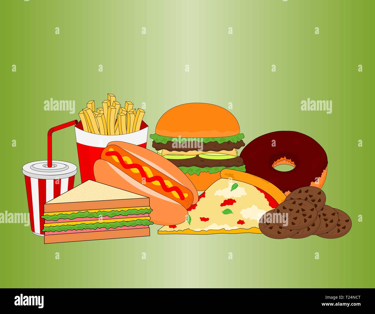 Delicious fast food dinner menu on green background Stock Vector