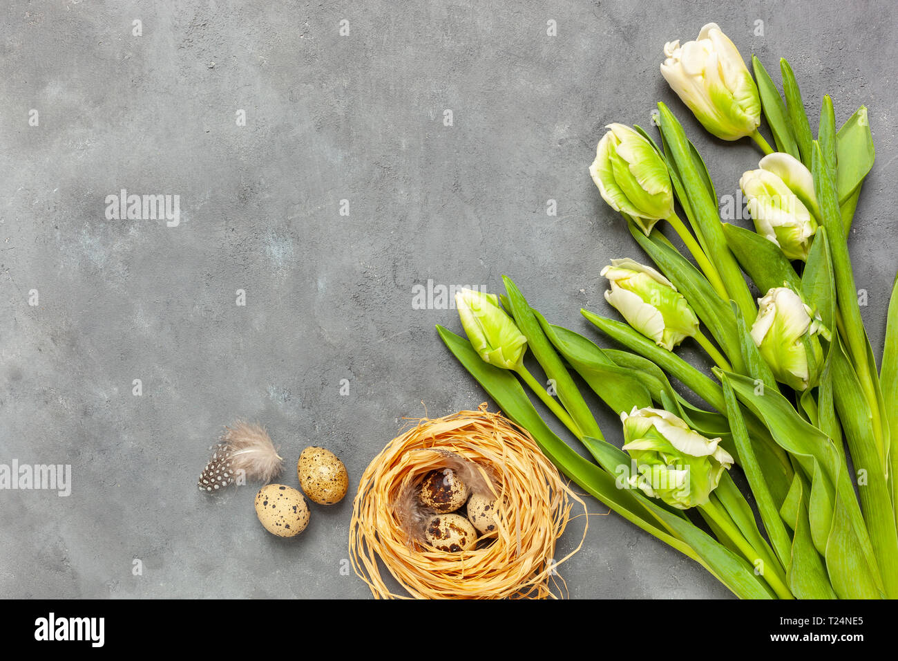 Easter composition on gray textured background with space for text. Gray background - concrete structure Stock Photo