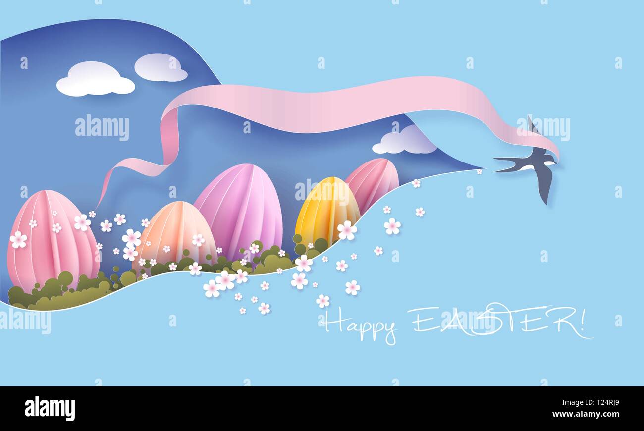 Happy Easter Spring illustration. Paper cut bird swallow flying with ribbon bow cutout sky for spring landscape with big Easter egg. Vector Stock Vector