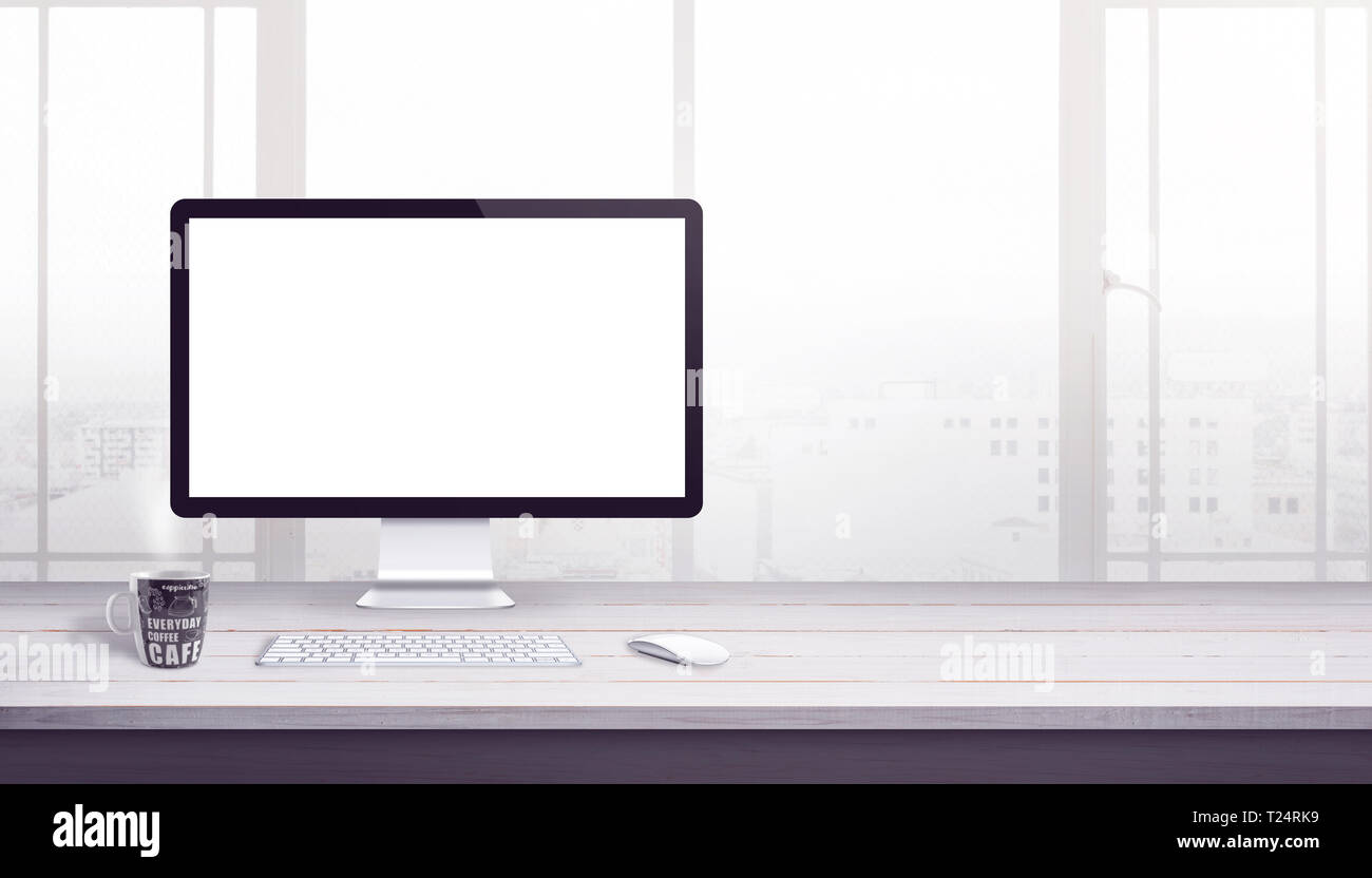 Modern Computer Display Isolated For Mockup On Work Desk With Free Space Beside For Text Web Site Design Promotion Concept Stock Photo Alamy