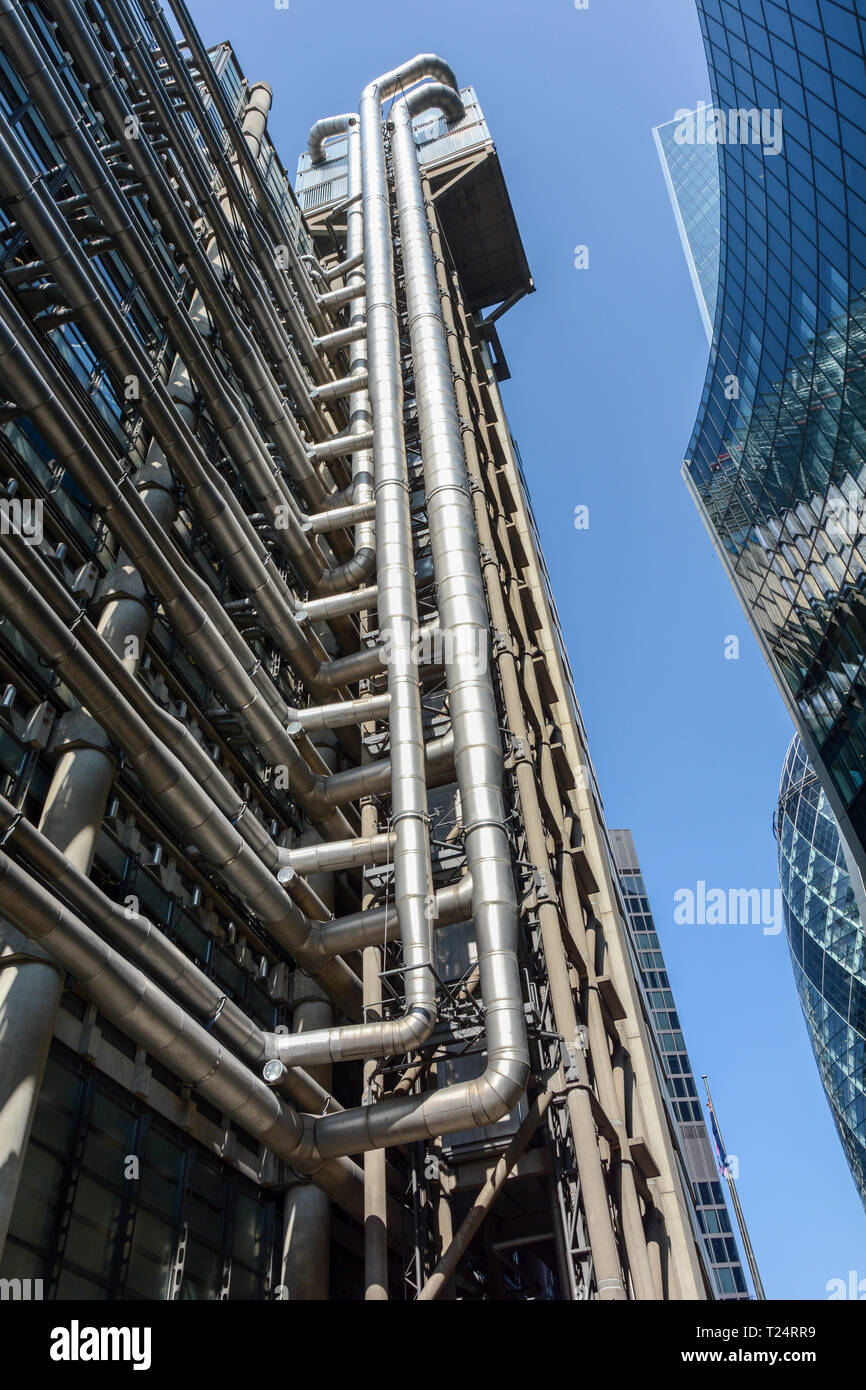 Exterior of the The Lloyd's building, designed by Richard Rogers, on Lime Street in the City of London, UK Stock Photo