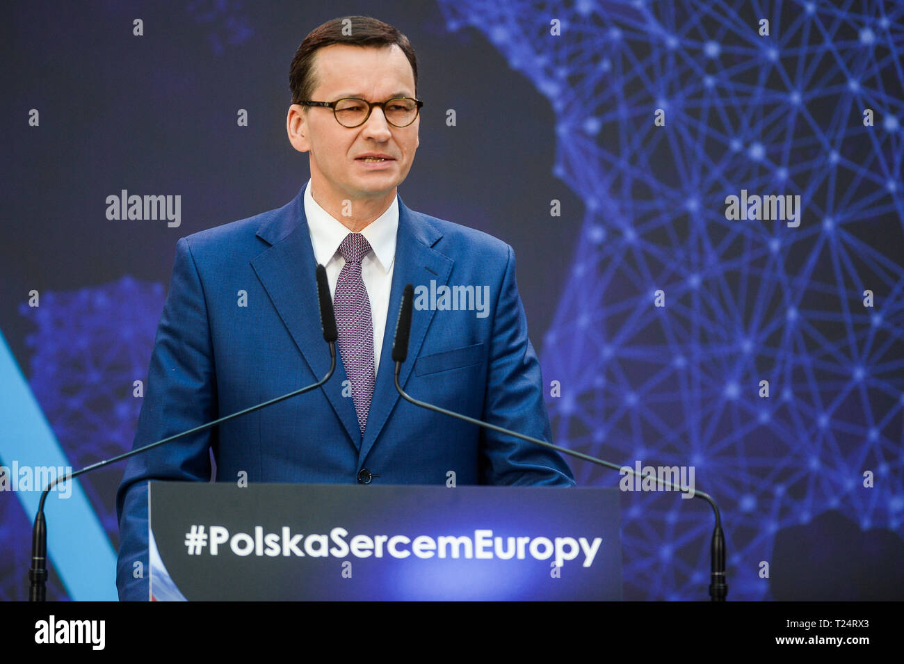 Prime Minister Mateusz Morawiecki seen speaking during the Law and Justice (Prawo i Sprawiedliwosc) convention. Stock Photo