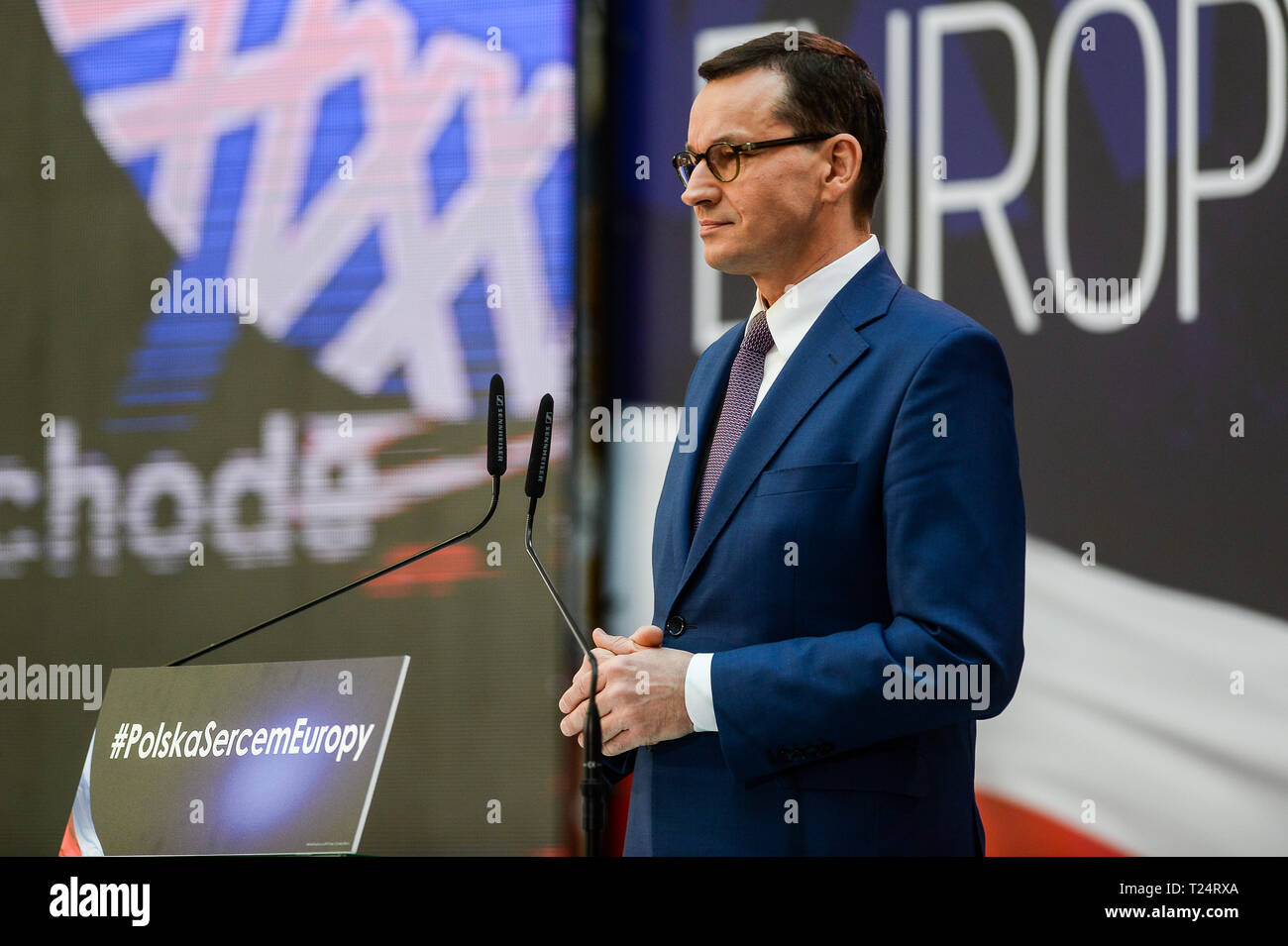 Prime Minister Mateusz Morawiecki seen speaking during the Law and Justice (Prawo i Sprawiedliwosc) convention. Stock Photo
