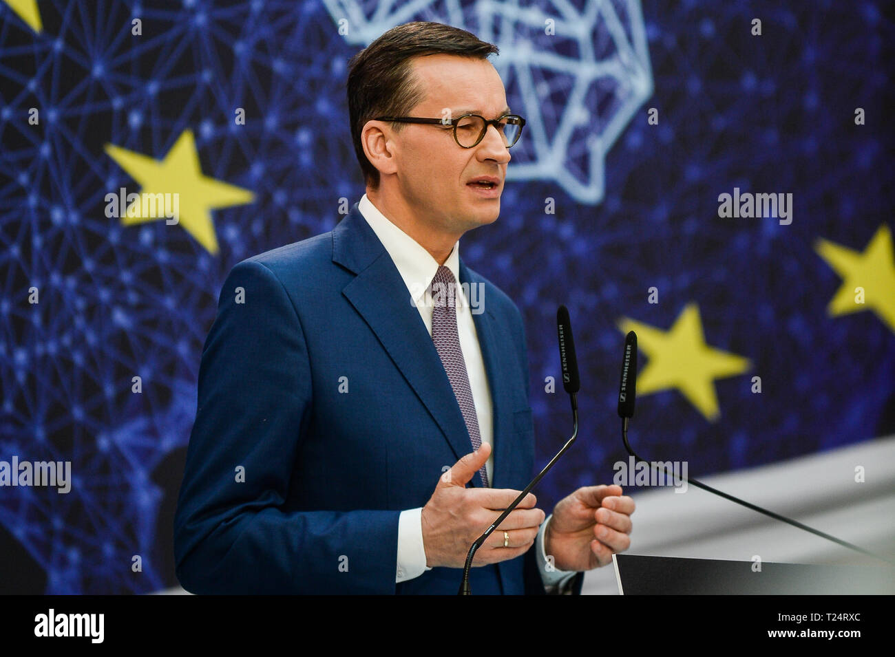 Prime Minister Mateusz Morawiecki seen speaking during the Law and Justice (Prawo i Sprawiedliwosc) convention. Stock Photo