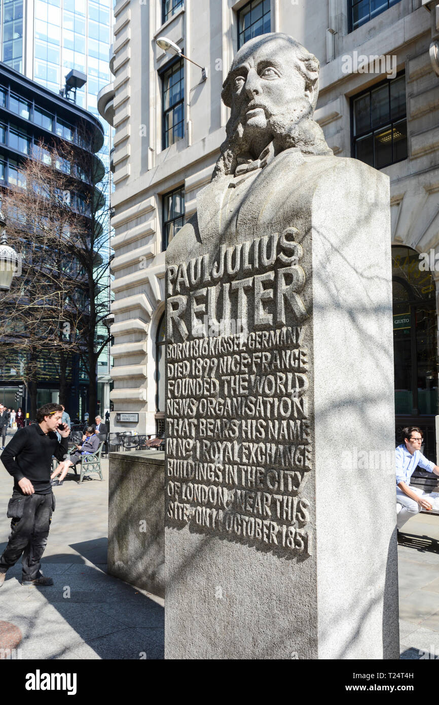 A bust of Paul Julius Freiherr von Reuter on the Royal Exchange, City of London, UK Stock Photo