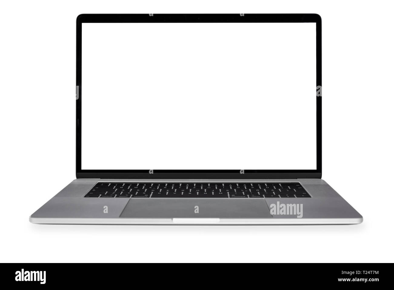 Front view of a modern laptop with a white screen and isolated on a white background (copy space). Stock Photo