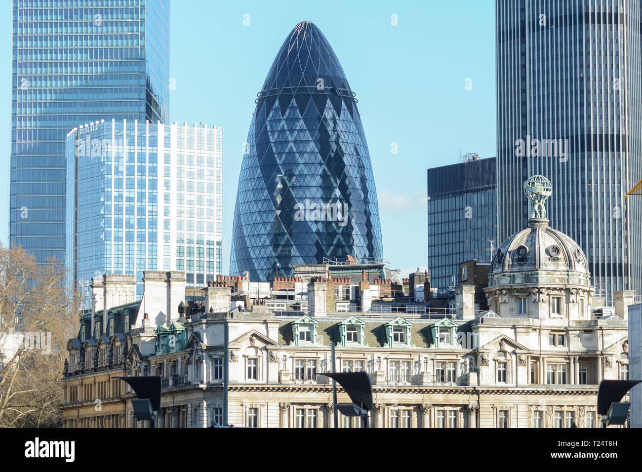 Norman Fosters' 30 St Mary Axe, aka The Gherkin, St Mary Axe, London, EC3, UK Stock Photo