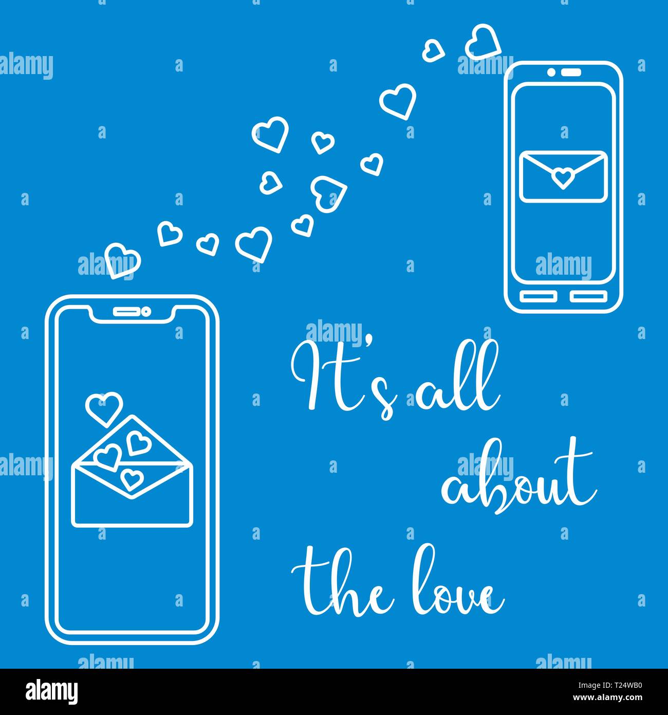 Vector illustration with two mobile phones, hearts and love