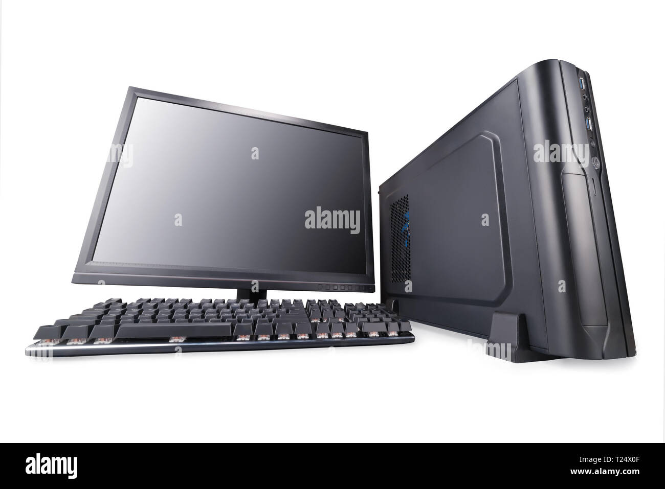 Desktop computer in wide angle perspective. Copy space on the screen. Isolated on white, clipping path included Stock Photo