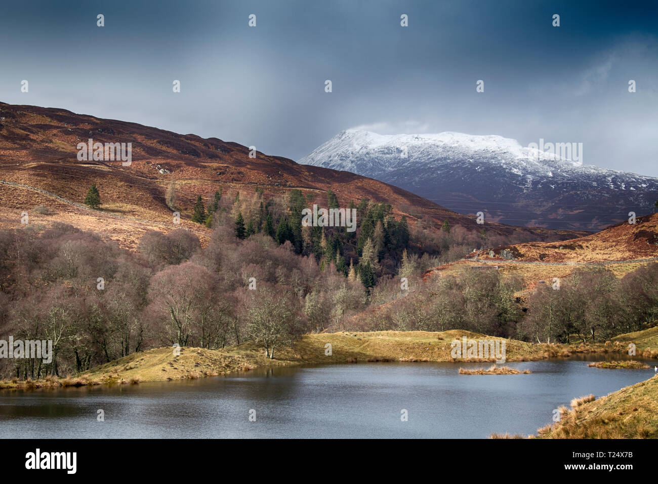 View over Loch Kinardochy towards Craig Kynachan, Highland Perthshire, Scotland. Stock Photo