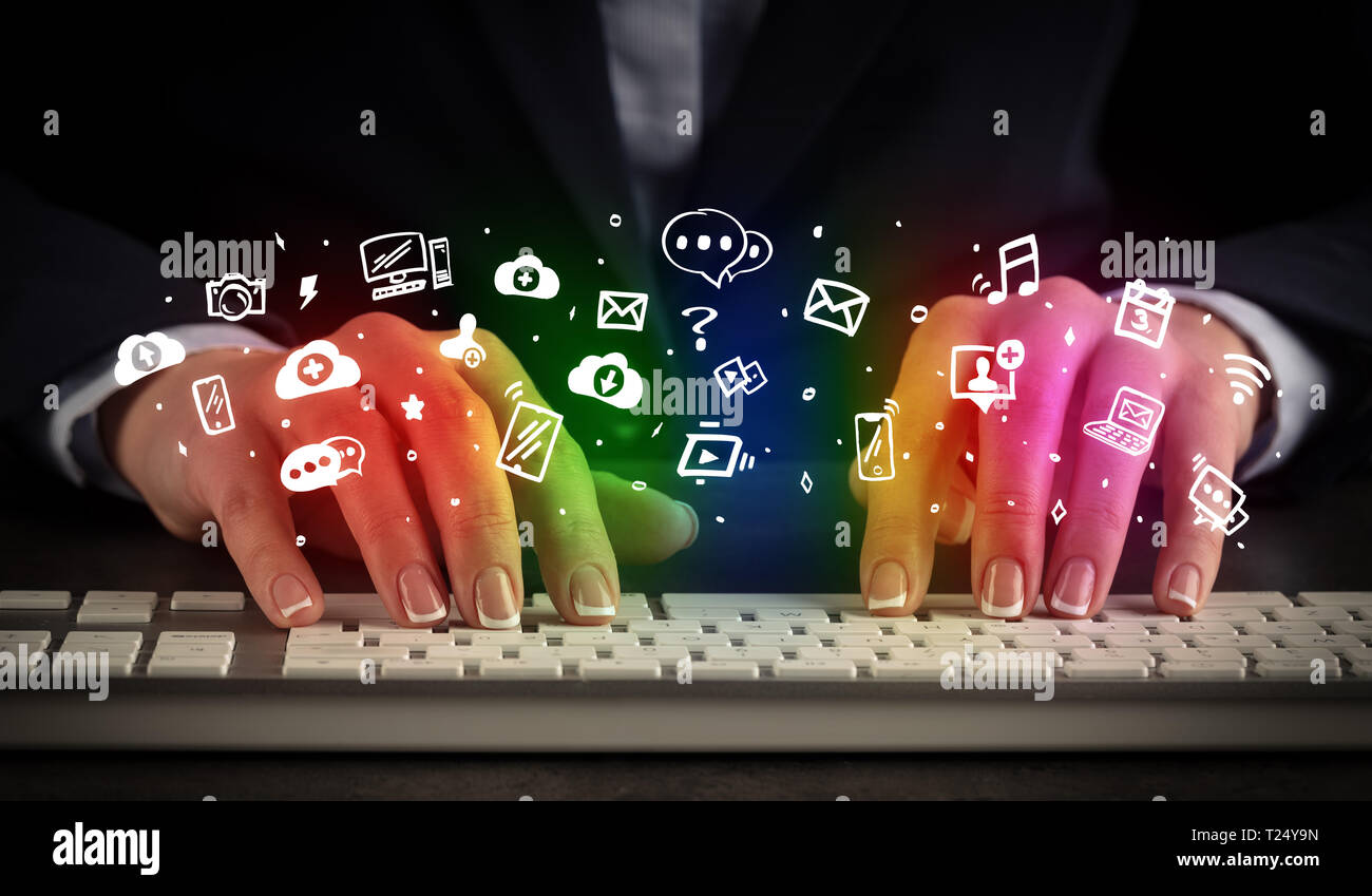 Blogger woman typing on keyboard with drawn application icons around ...