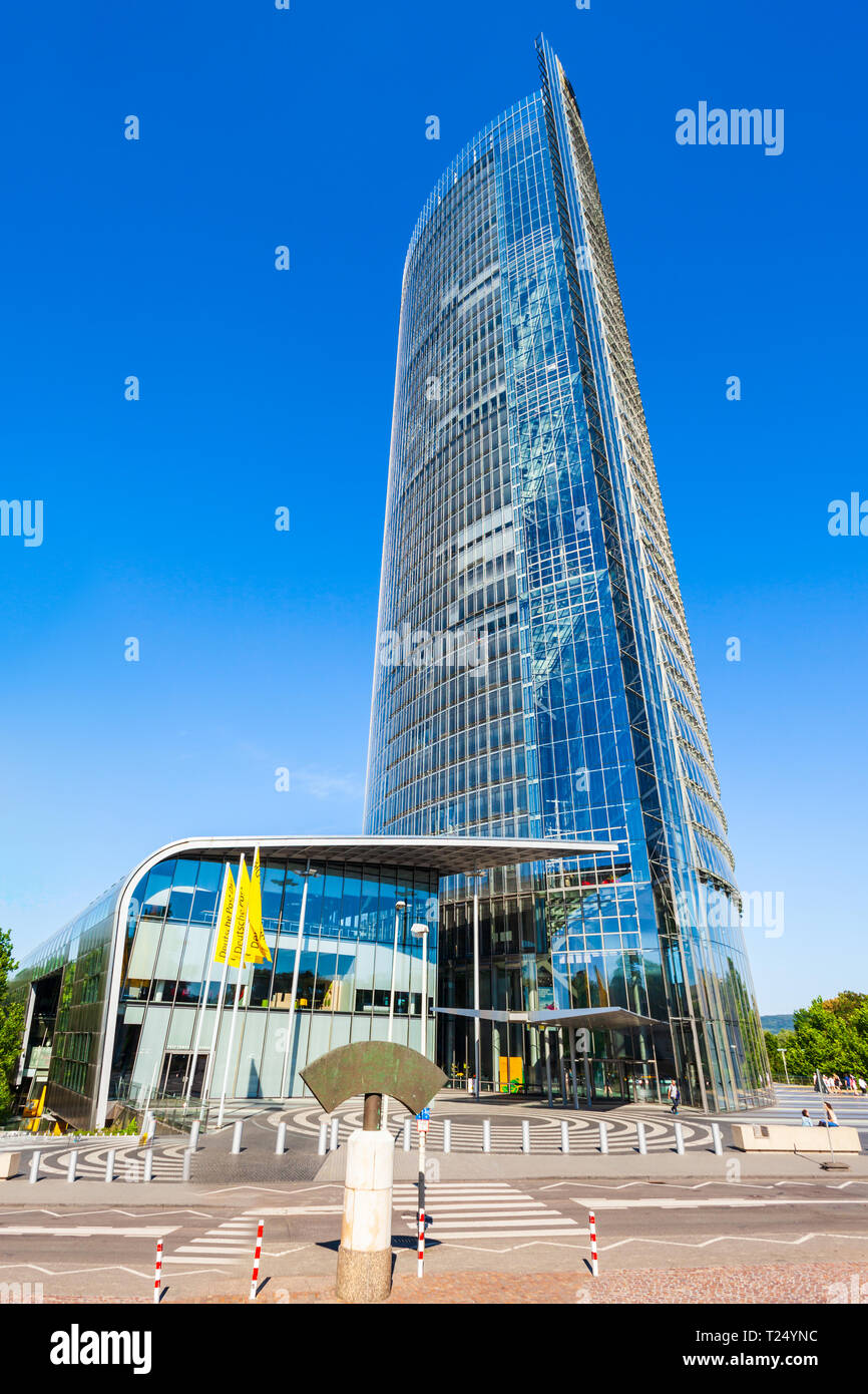 BONN, GERMANY - JUNE 29, 2018: Post Tower is the headquarters of the logistic company Deutsche Post DHL in Bonn city in Germany Stock Photo