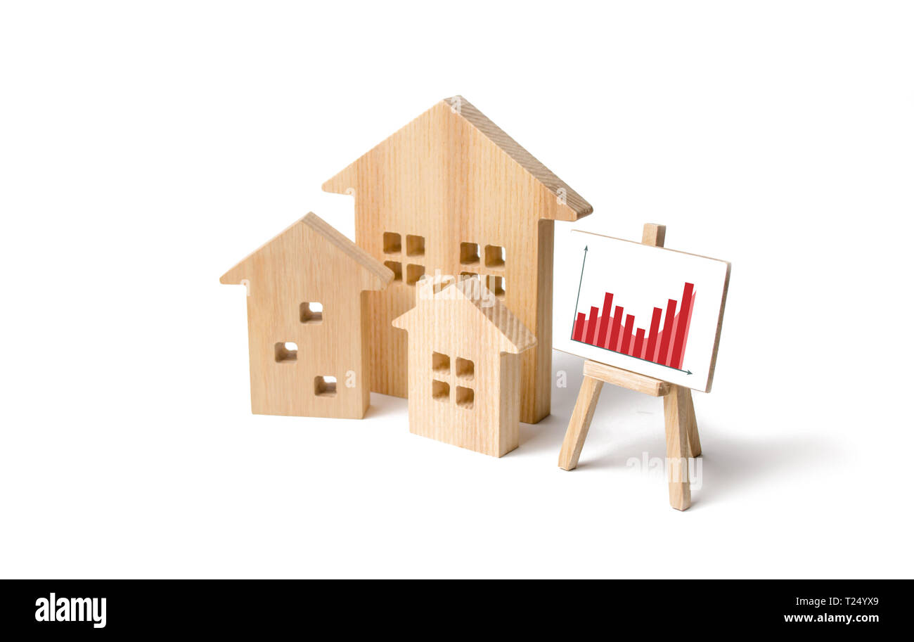 Wooden houses with a stand of graphics and information. Growing demand for housing and real estate. growth of the city and its population. Investments Stock Photo