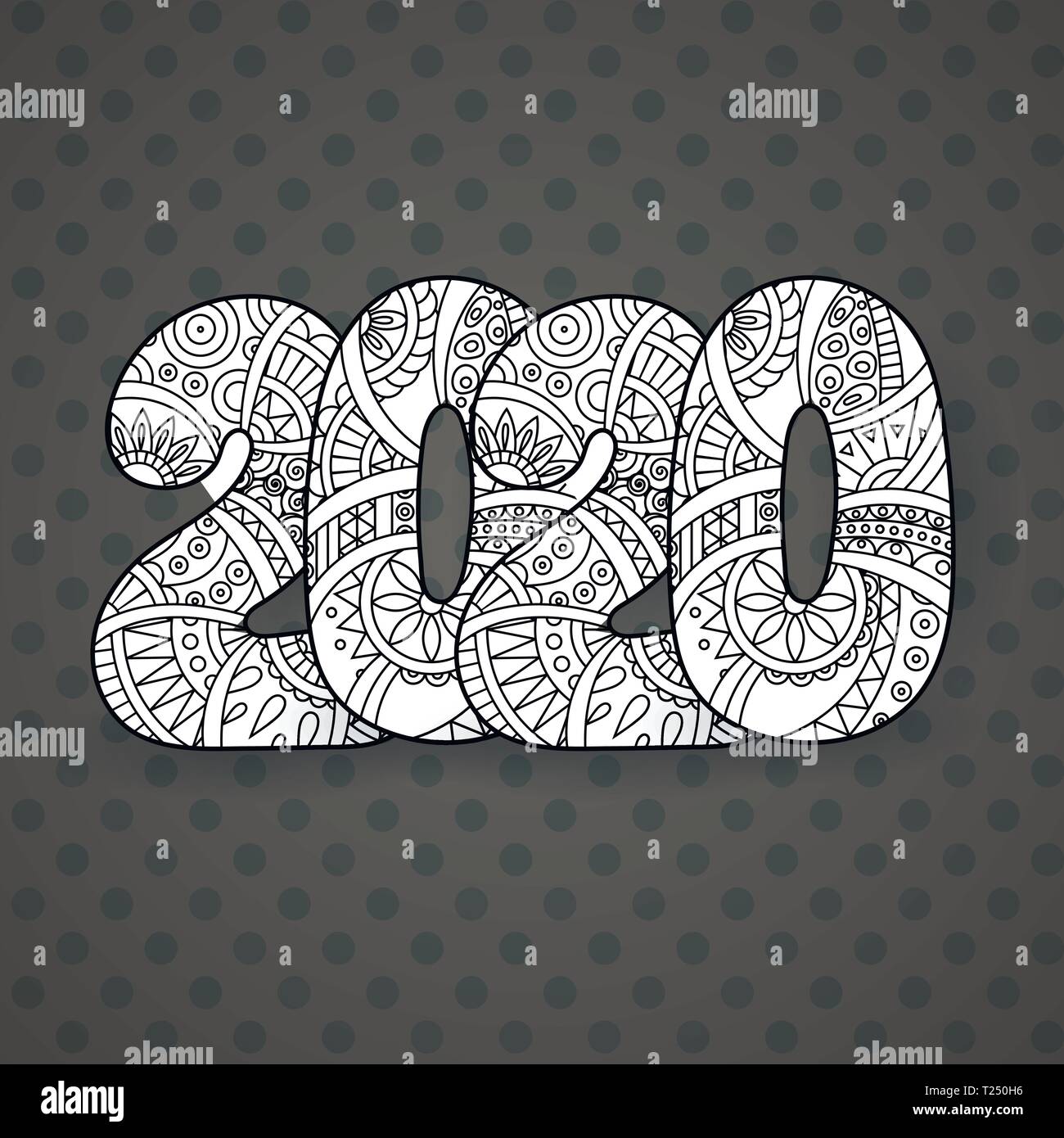Happy New Year 2020 celebration number. Vector Xmas illustration in zentangle. Christmas background. Stock Vector