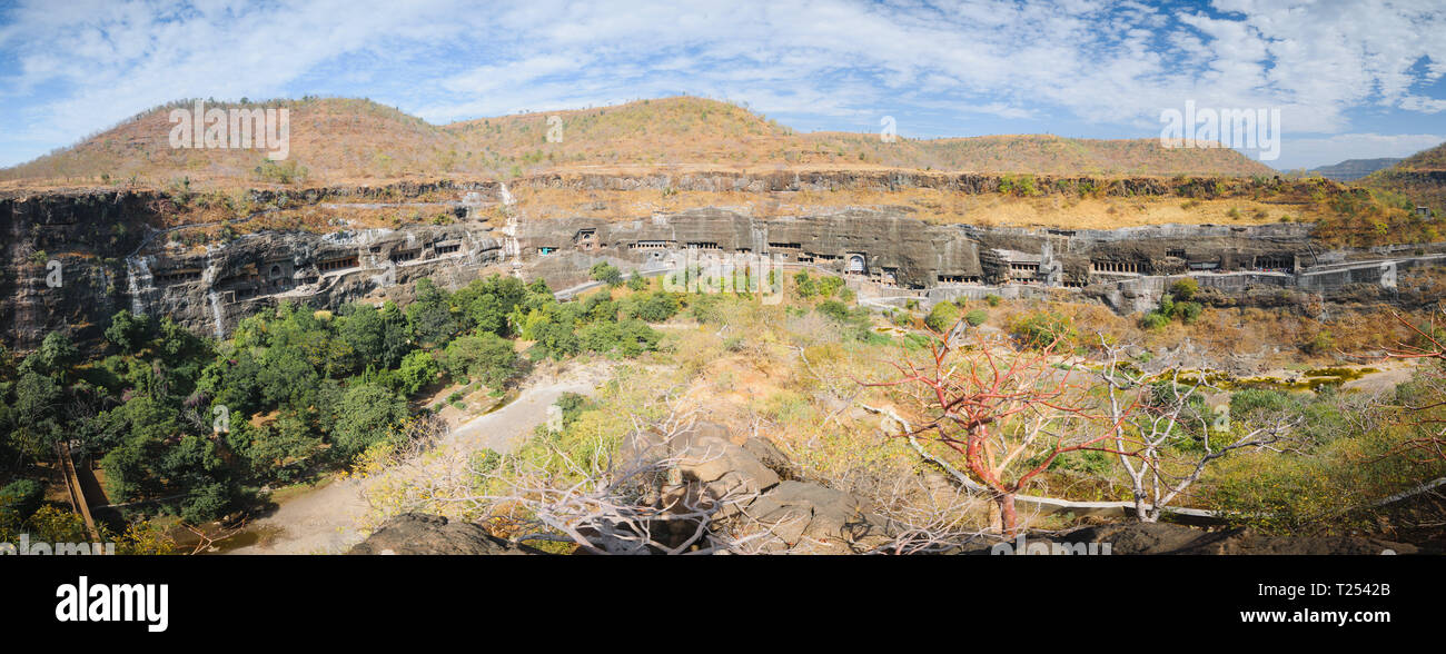 Panorama of touristic attraction Ajanta buddhist temples and caves in Deccan Plateau, Maharashtra state, India Stock Photo