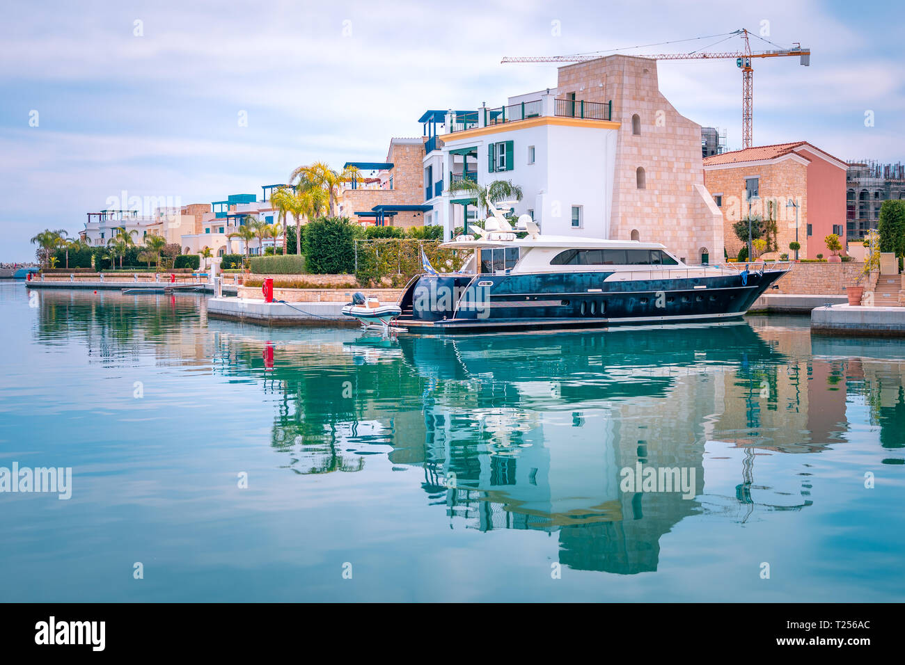 Beautiful view of Marina, Limassol city Cyprus. Modern, luxury life in newly developed port with yachts, restaurants, shops and waterfront promenade. Stock Photo