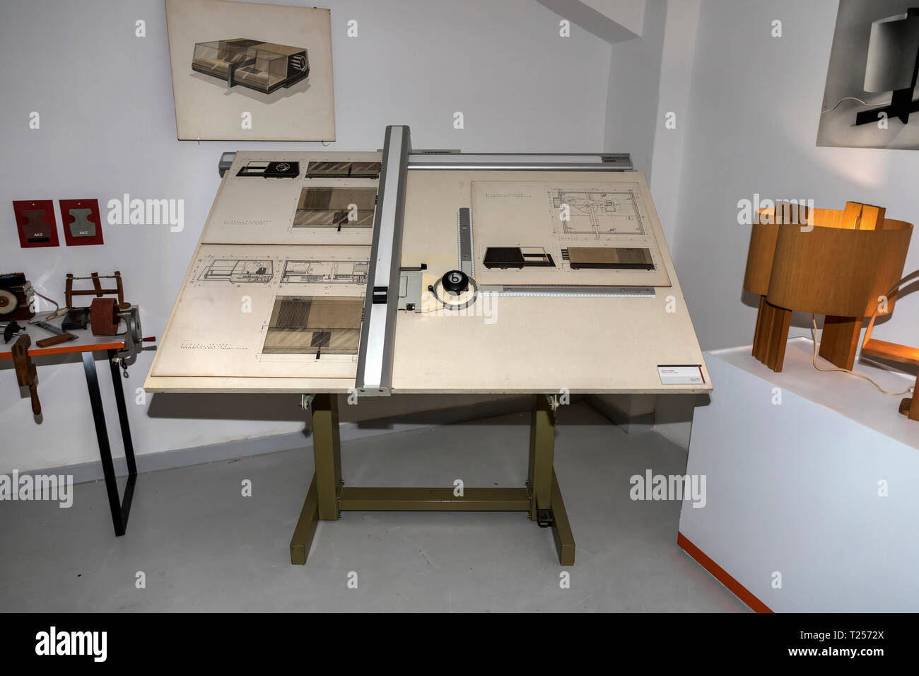 Belgrade, Serbia, March 2019 - Old-fashioned drawing board with project blueprint exposed in the Museum of Science and Technology Stock Photo