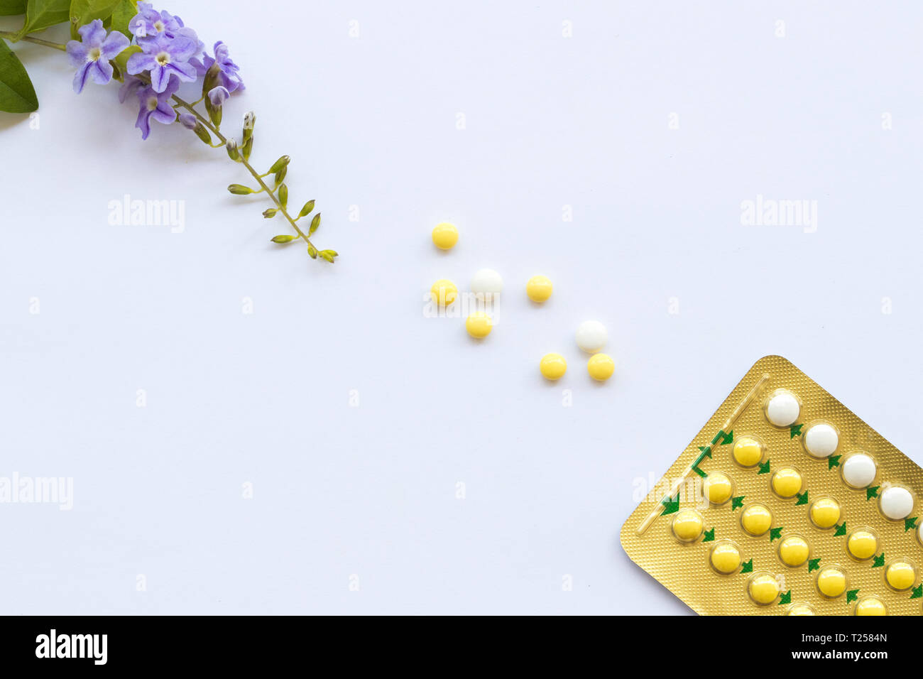 birth control pills of woman not want to have baby with purple flowers arrangement flat lay style on background white Stock Photo