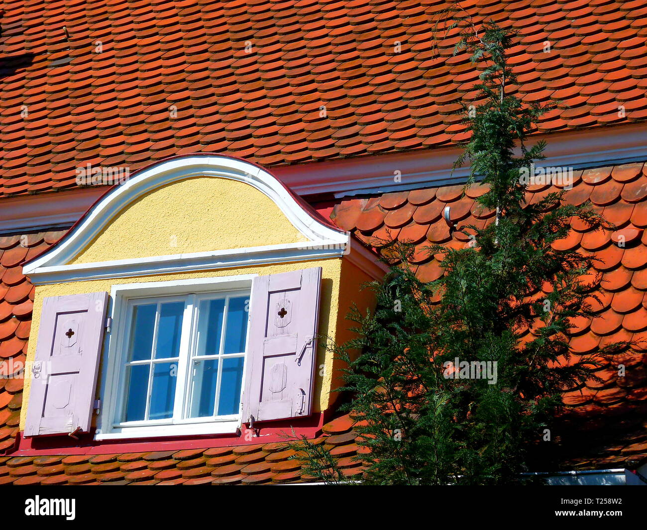 red tiled roof with yellow roof dormer Stock Photo