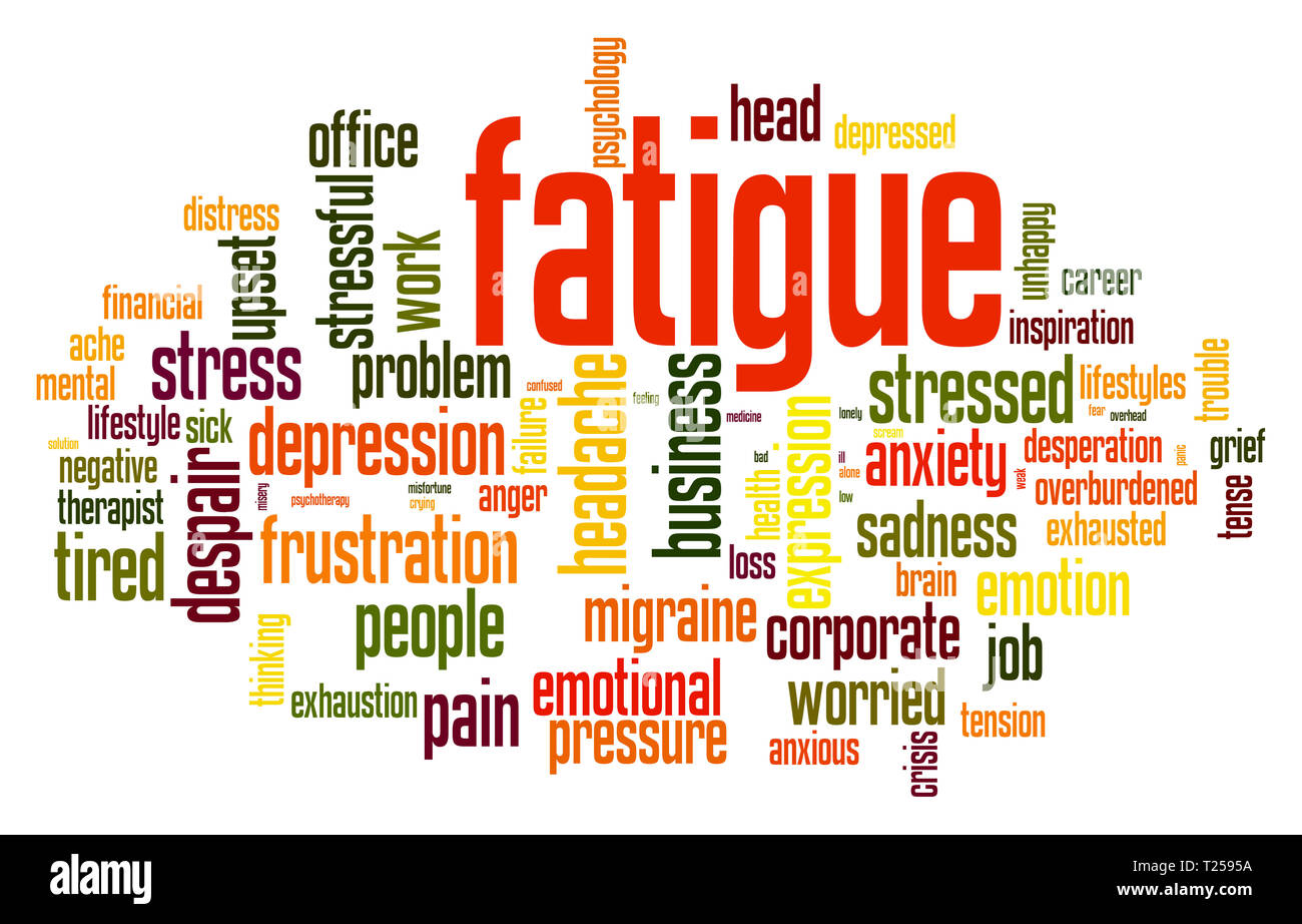 Fatigue word cloud on white background, 3D rendering Stock Photo