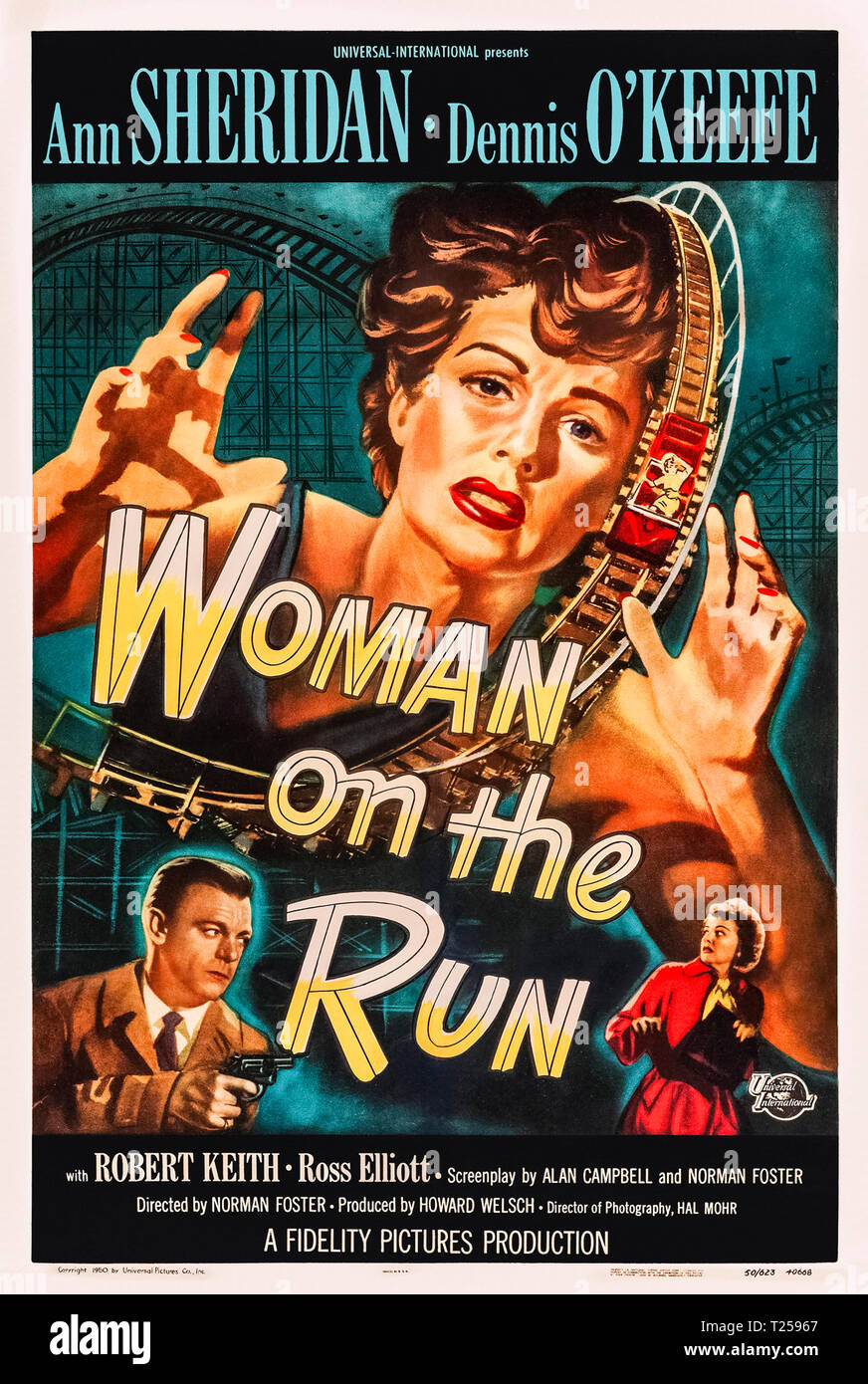 Woman on the Run (1950) directed by Norman Foster and starring Ann Sheridan, Dennis O'Keefe and Robert Keith. Classic film noir about a murder eyewitness on the run in San Francisco. Stock Photo