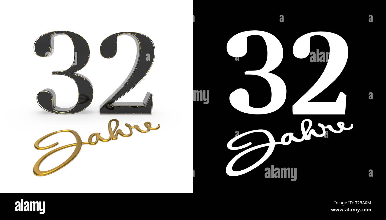 German golden number thirty-two years (number 32 years) and the inscription years with drop shadow and alpha channel. Translated from the German - yea Stock Photo