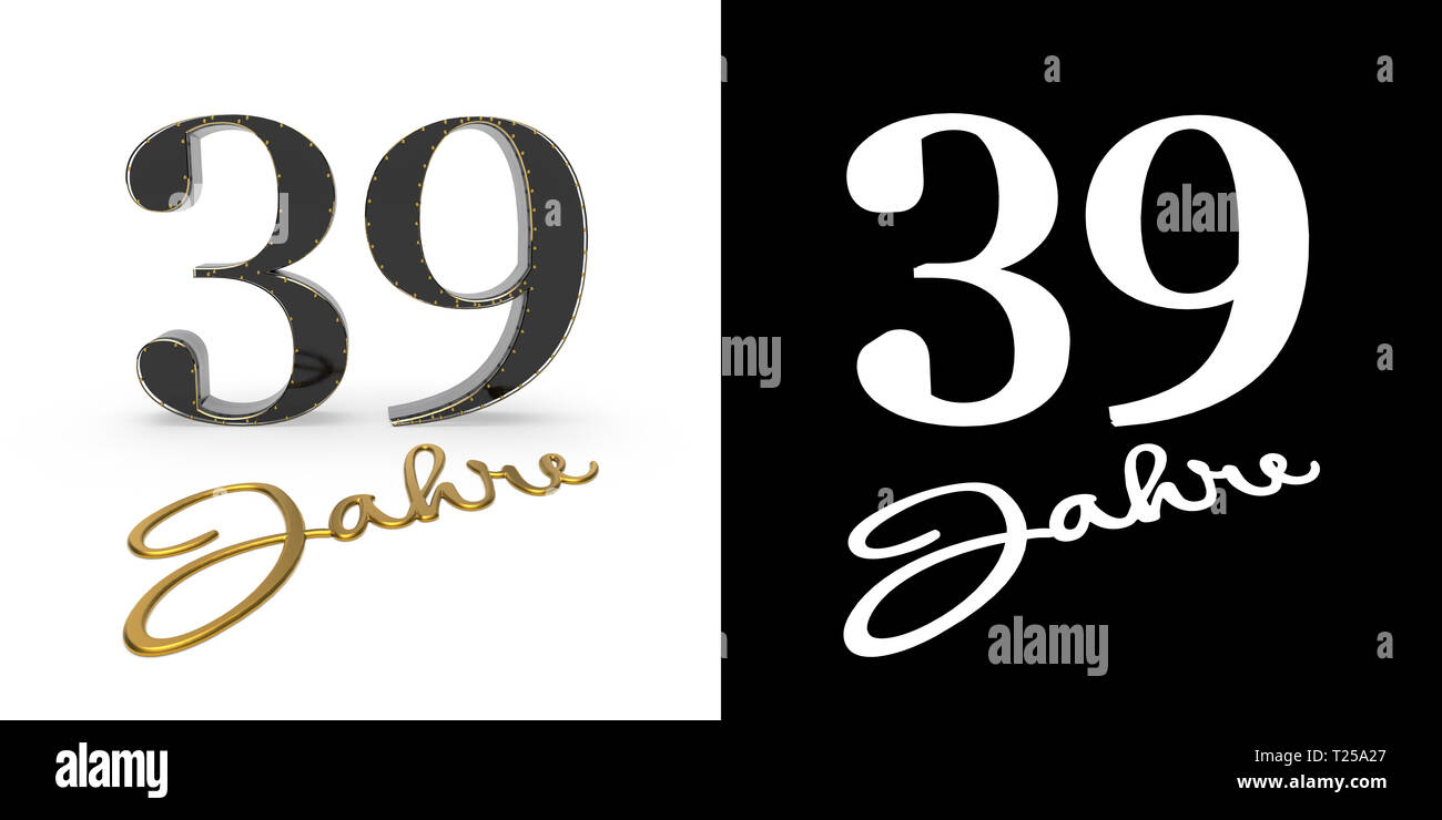 German golden number thirty-nine years (number 39 years) and the inscription years with drop shadow and alpha channel. Translated from the German - ye Stock Photo