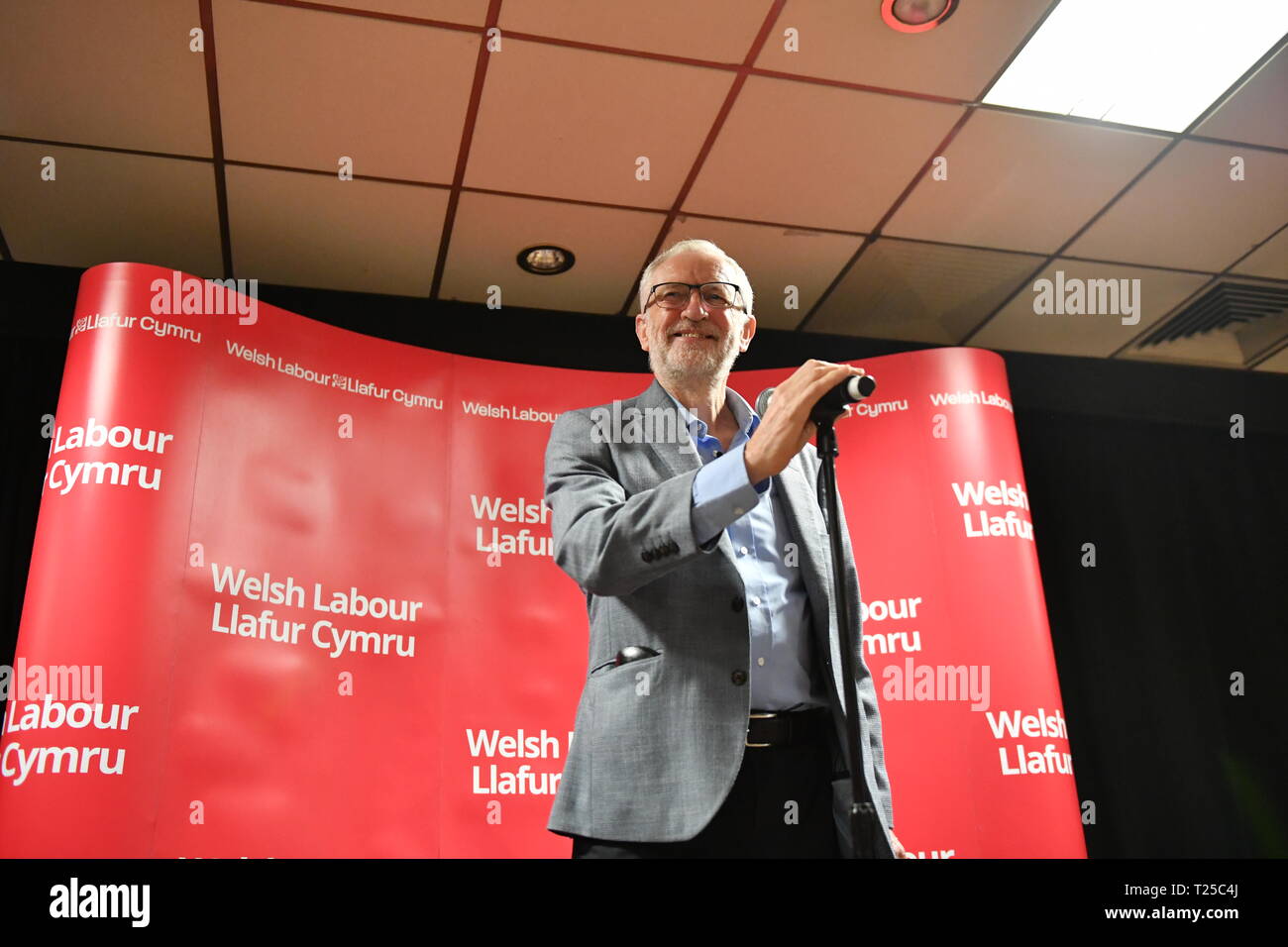 Labour leader Jeremy Corbyn speaks at the Newport Centre, in South Wales during a campaign rally for prospective parliamentary candidate Ruth Jones who is standing in the Newport West by-election. Stock Photo