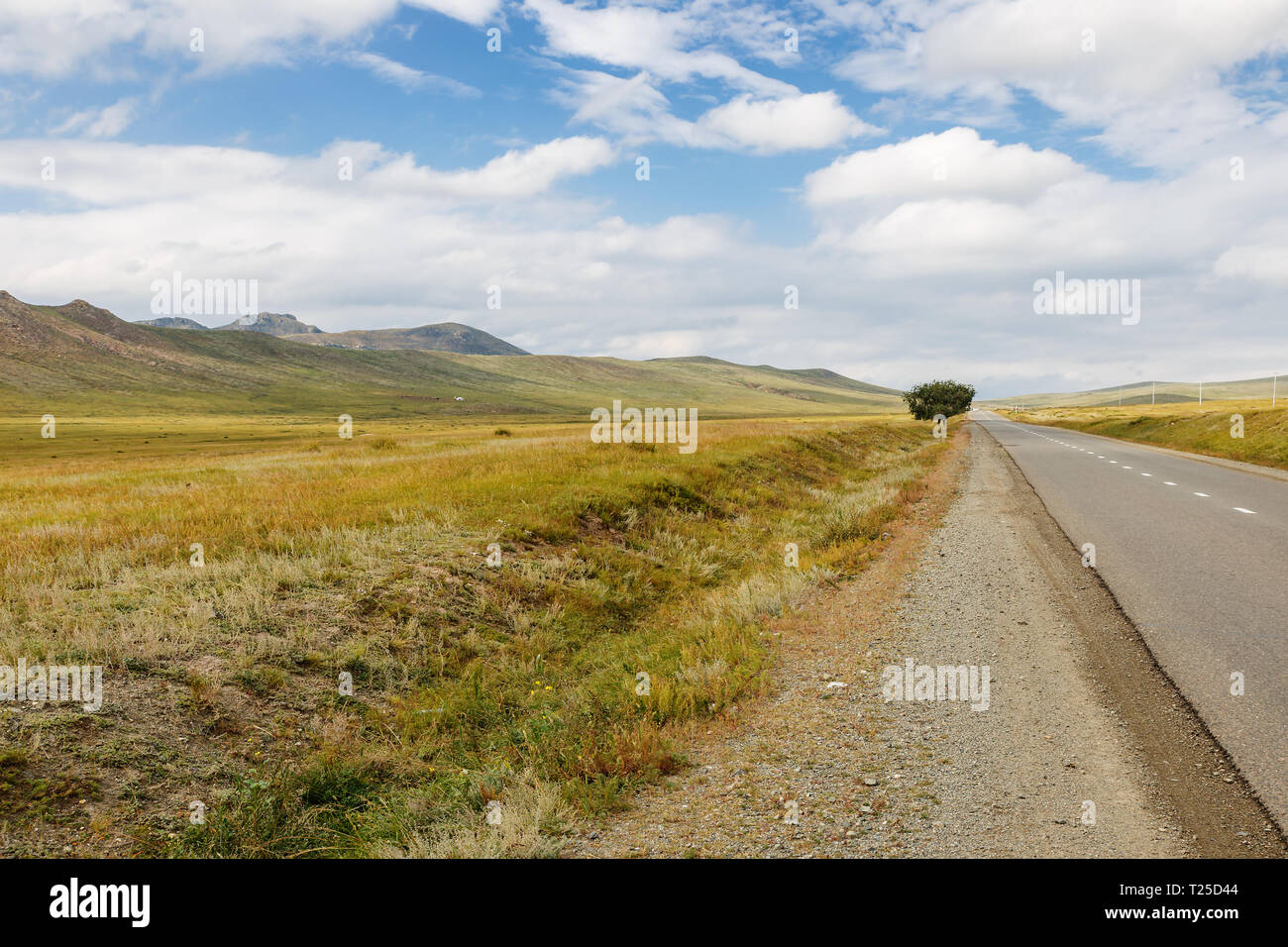 asphalt road Darkhan-Ulaanbaatar in Mongolia, beautiful Mongolian landscape, Tuve Aymak. Baruunkharaa Stock Photo