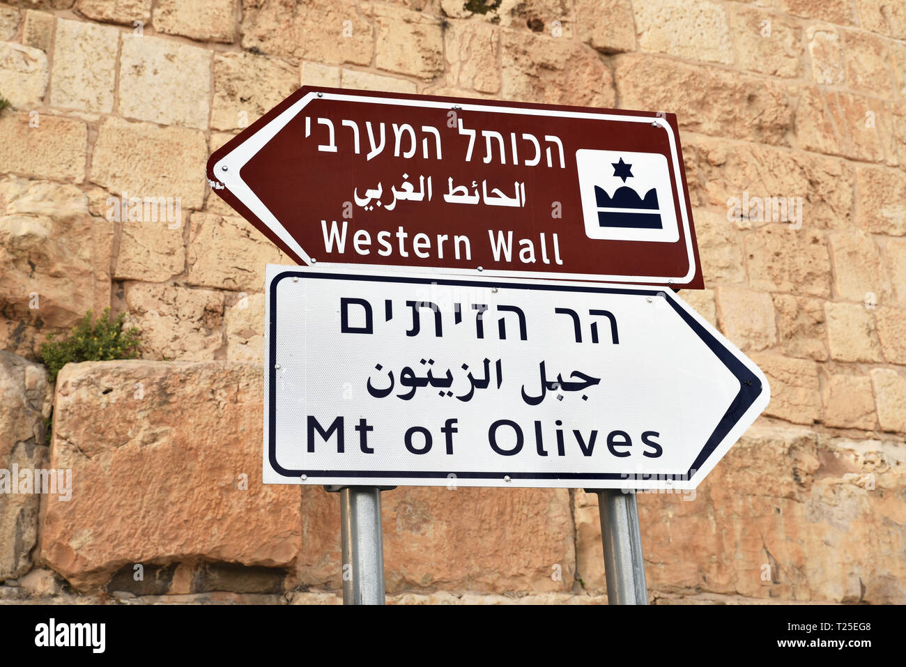 Direction sign to Jerusalem Old City, Western Wall, Mount of Olives
