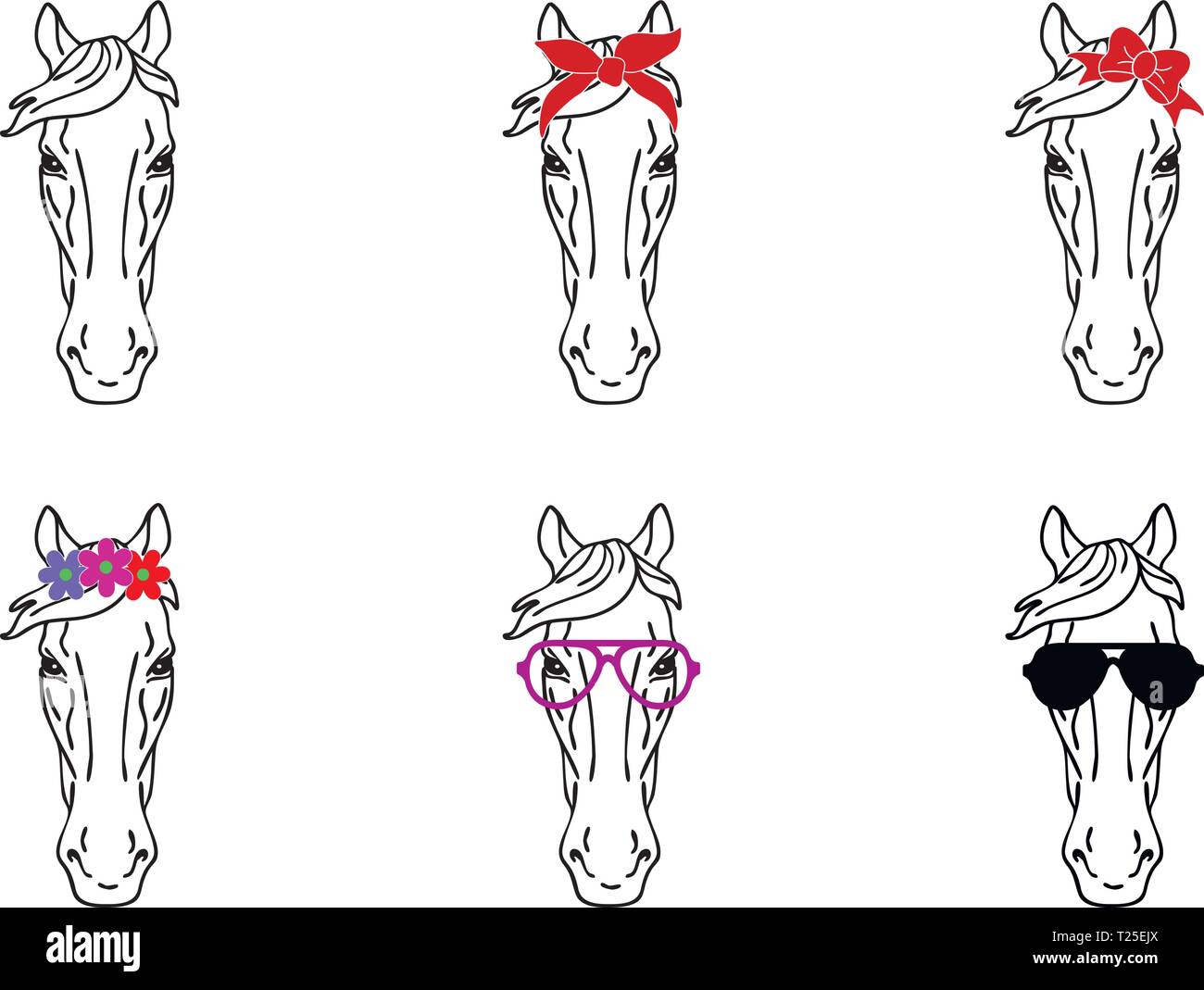 Collection of horse faces vectors. Horse with a bandana and glasses Stock Vector