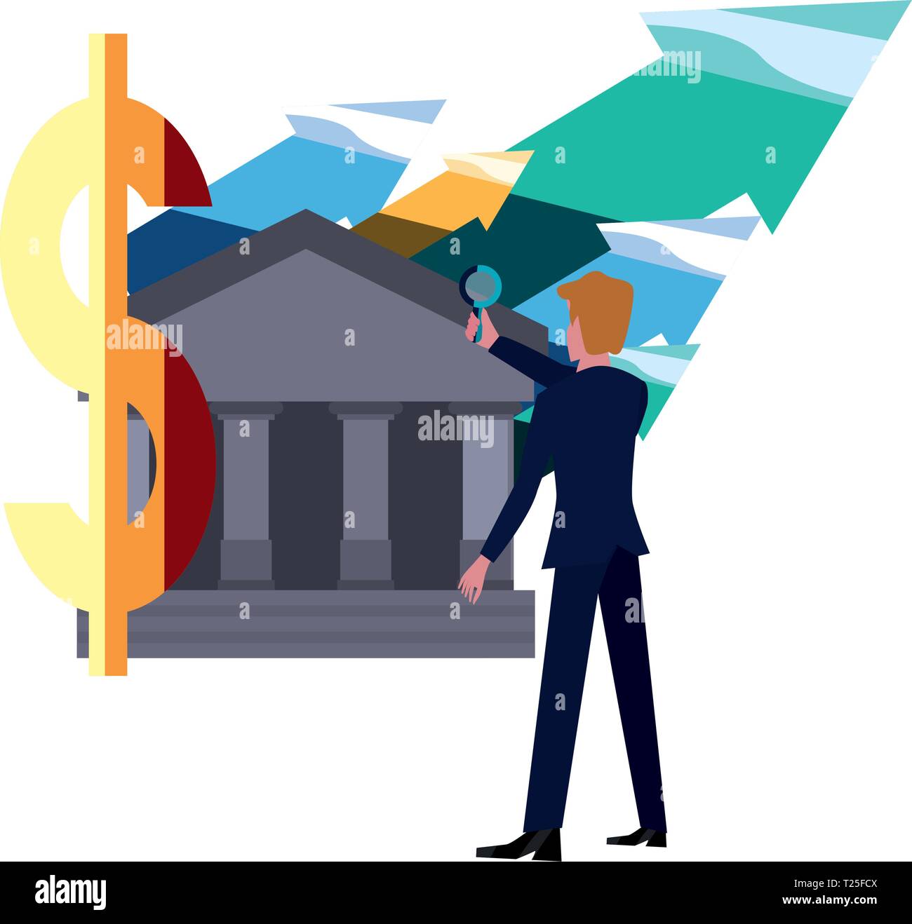 businessman with magnifier dollar bank vector illustration vector ...