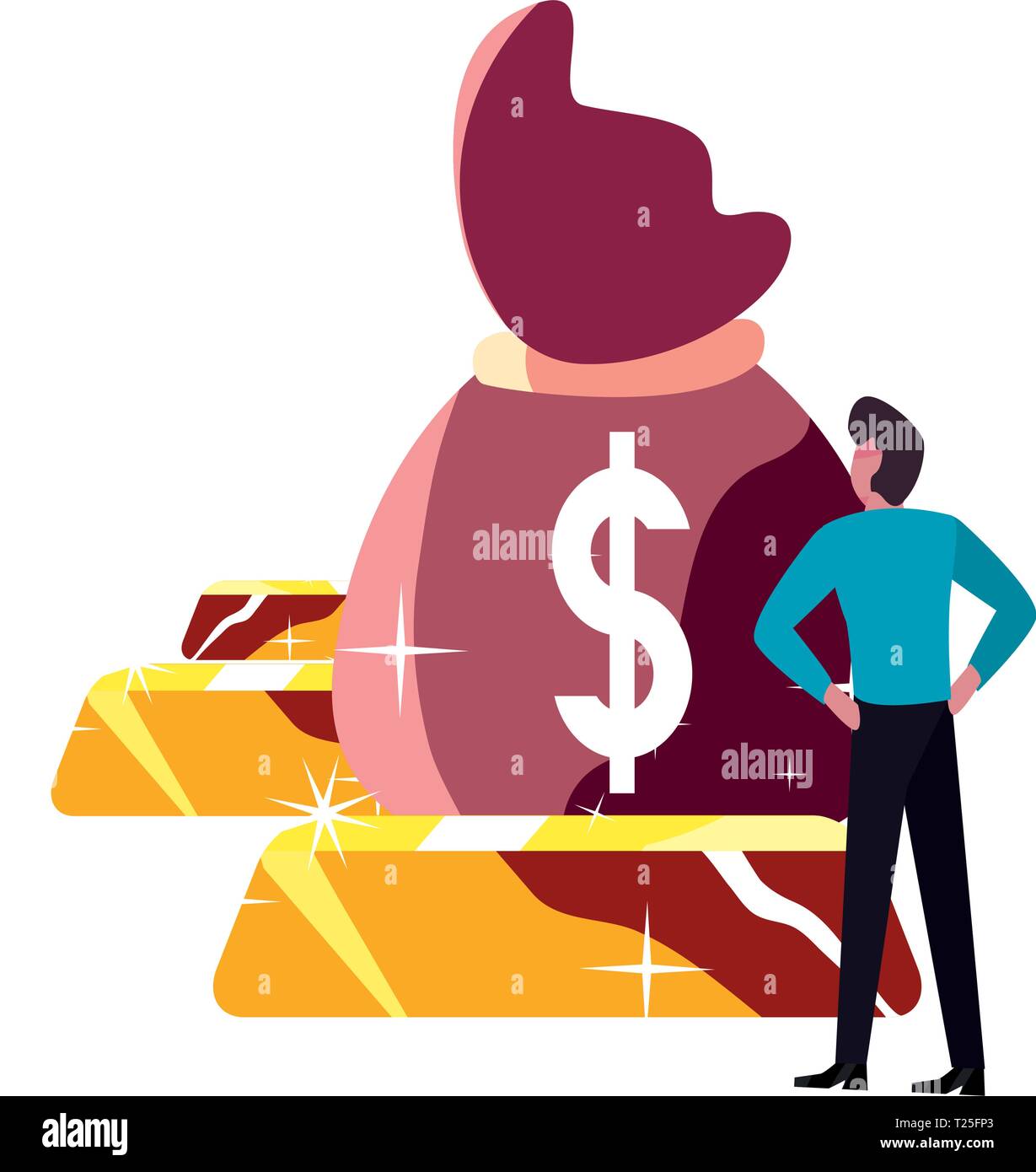 businessman money bag gold bars bank vector illustration Stock Vector ...