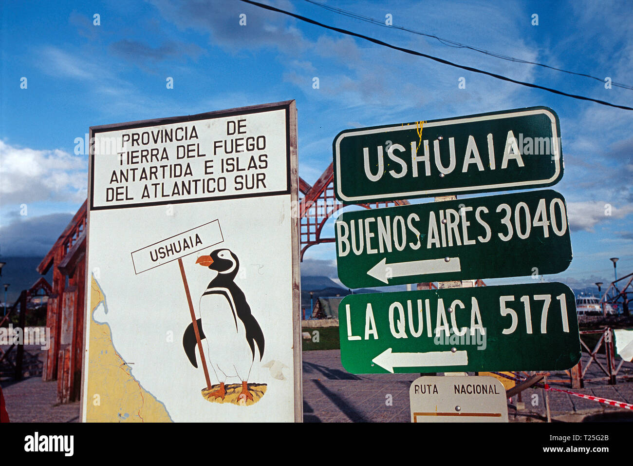 Direction sign at Ushuaia, Tierra del Fuego, Patagonia, Argentina Stock Photo