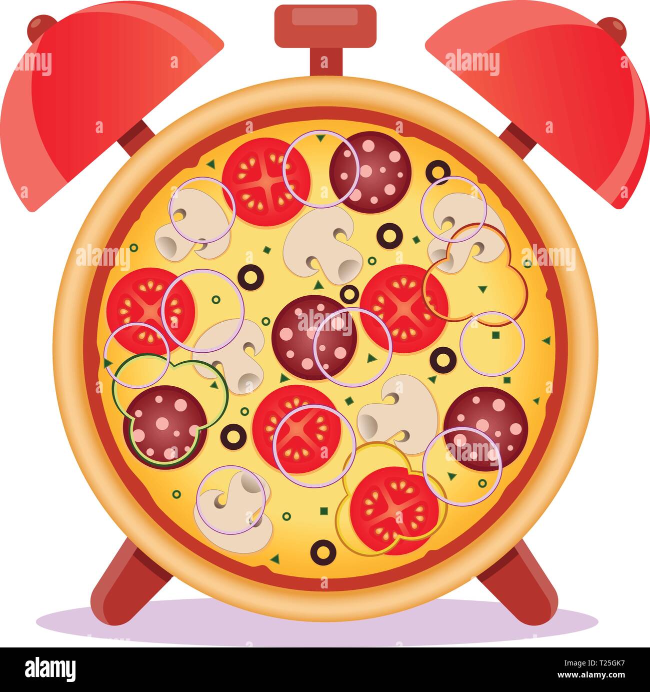 Pizza with mushrooms, salami, tomato and sausage. Pizza time. Snack time. Isolated vector
