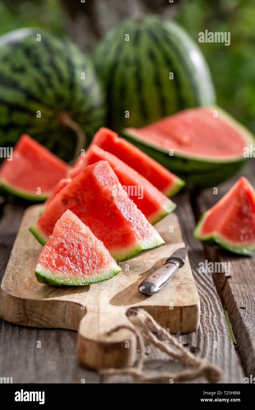 Delicious and jucy watermelon in sunny day Stock Photo