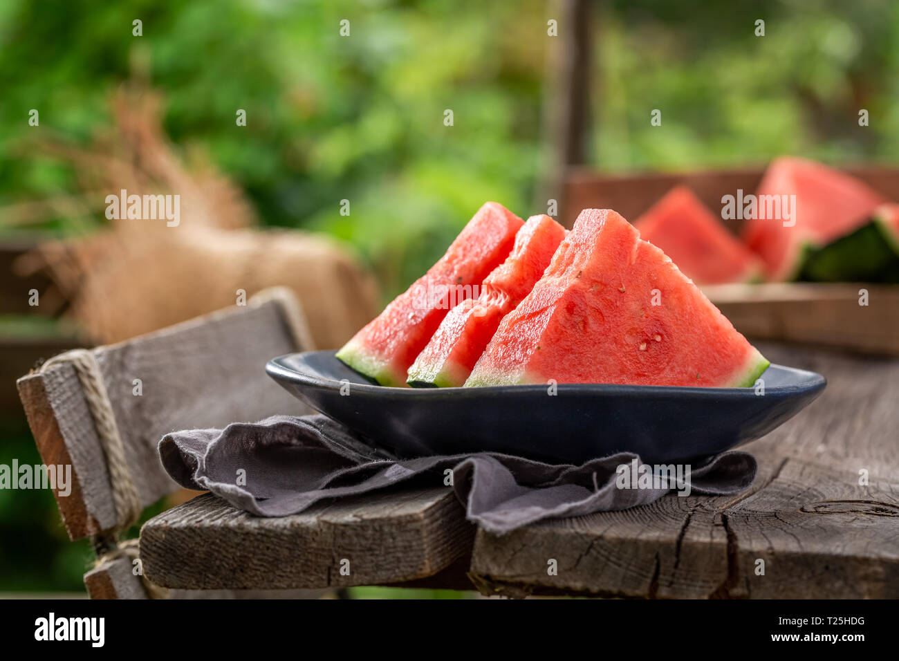 Delicious and jucy watermelon in summer garden Stock Photo