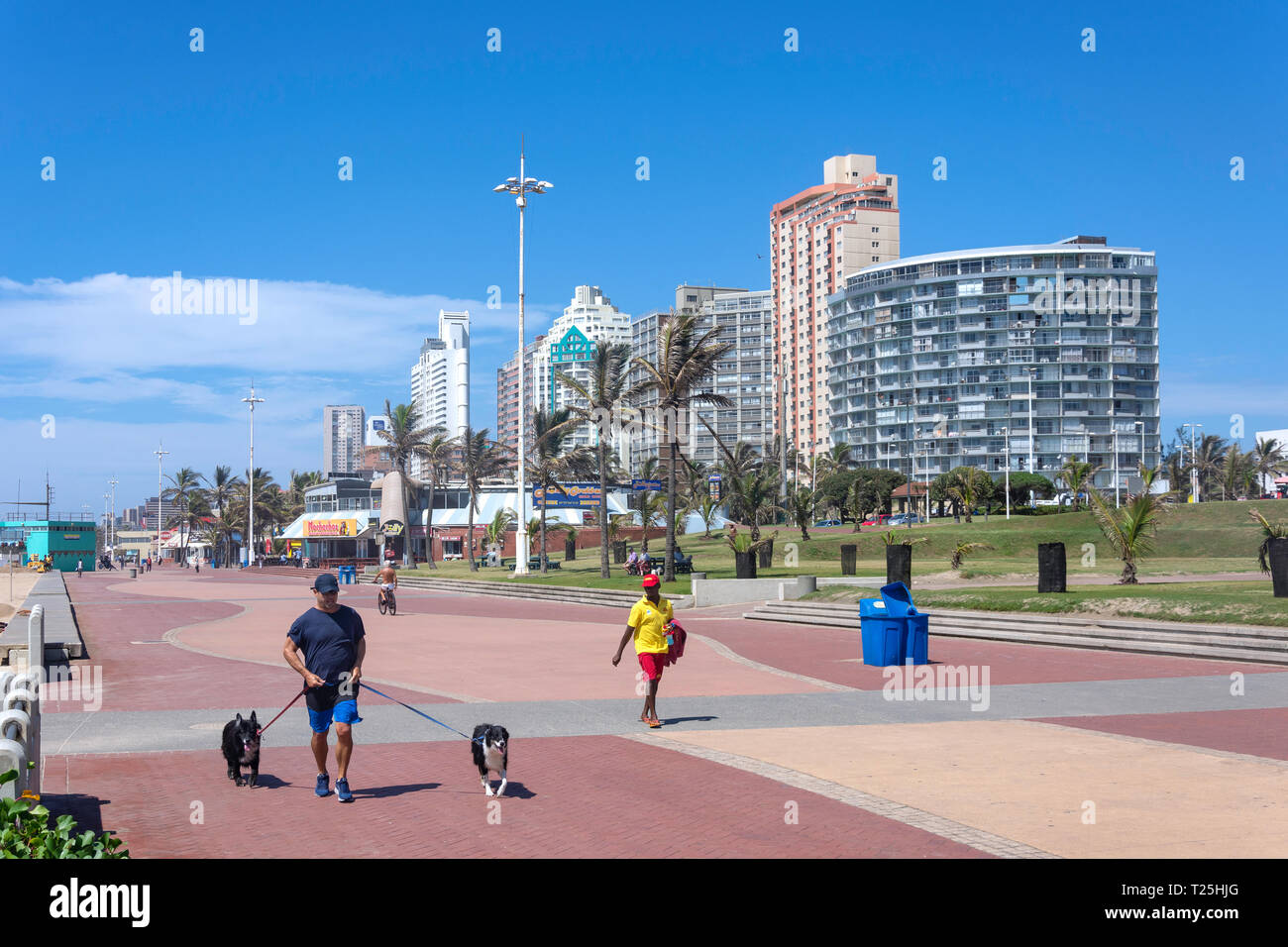 Beachfront high-rise buildings from Lower Marine Parade, North Beach, Durban, KwaZulu-Natal, South Africa Stock Photo
