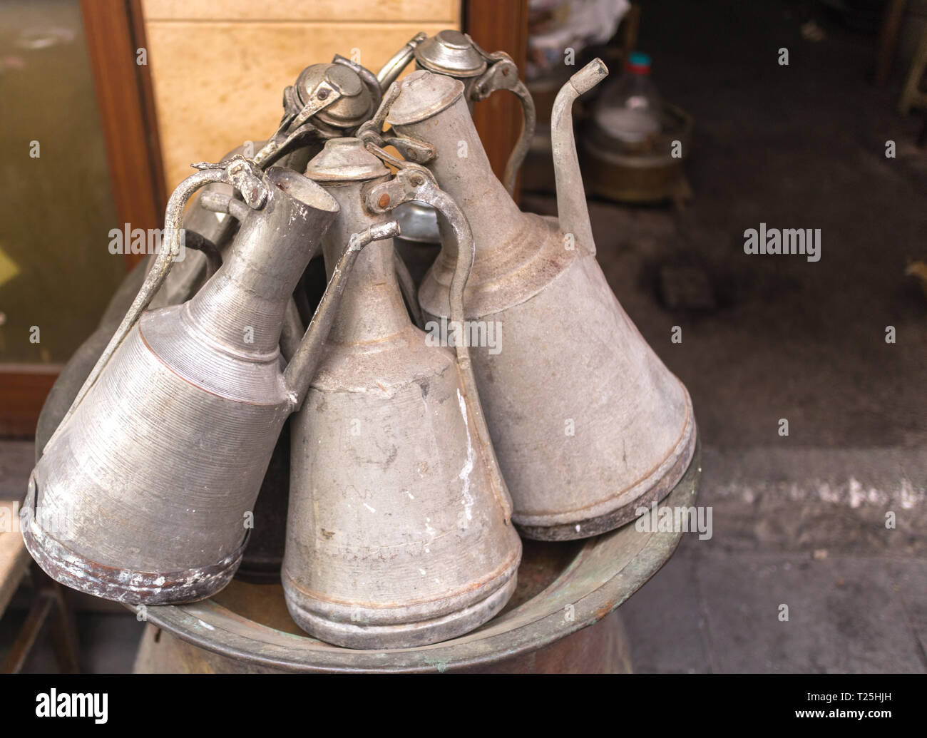 traditional turkish old copper water containers; ewers Stock Photo