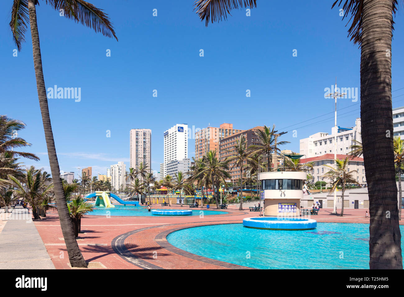 Children's swimming pool and play area on beach promenade, Snell Parade, New Beach, Durban, KwaZulu-Natal, South Africa Stock Photo