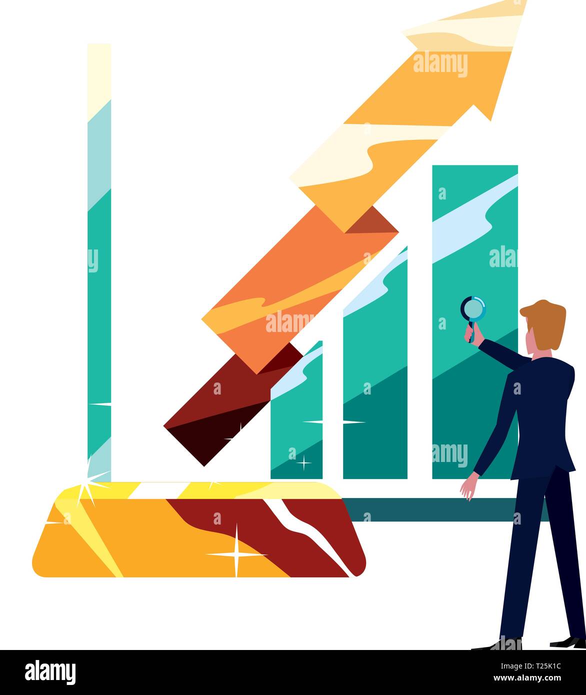 businessman with magnifier gold bar diagram bank vector illustration ...