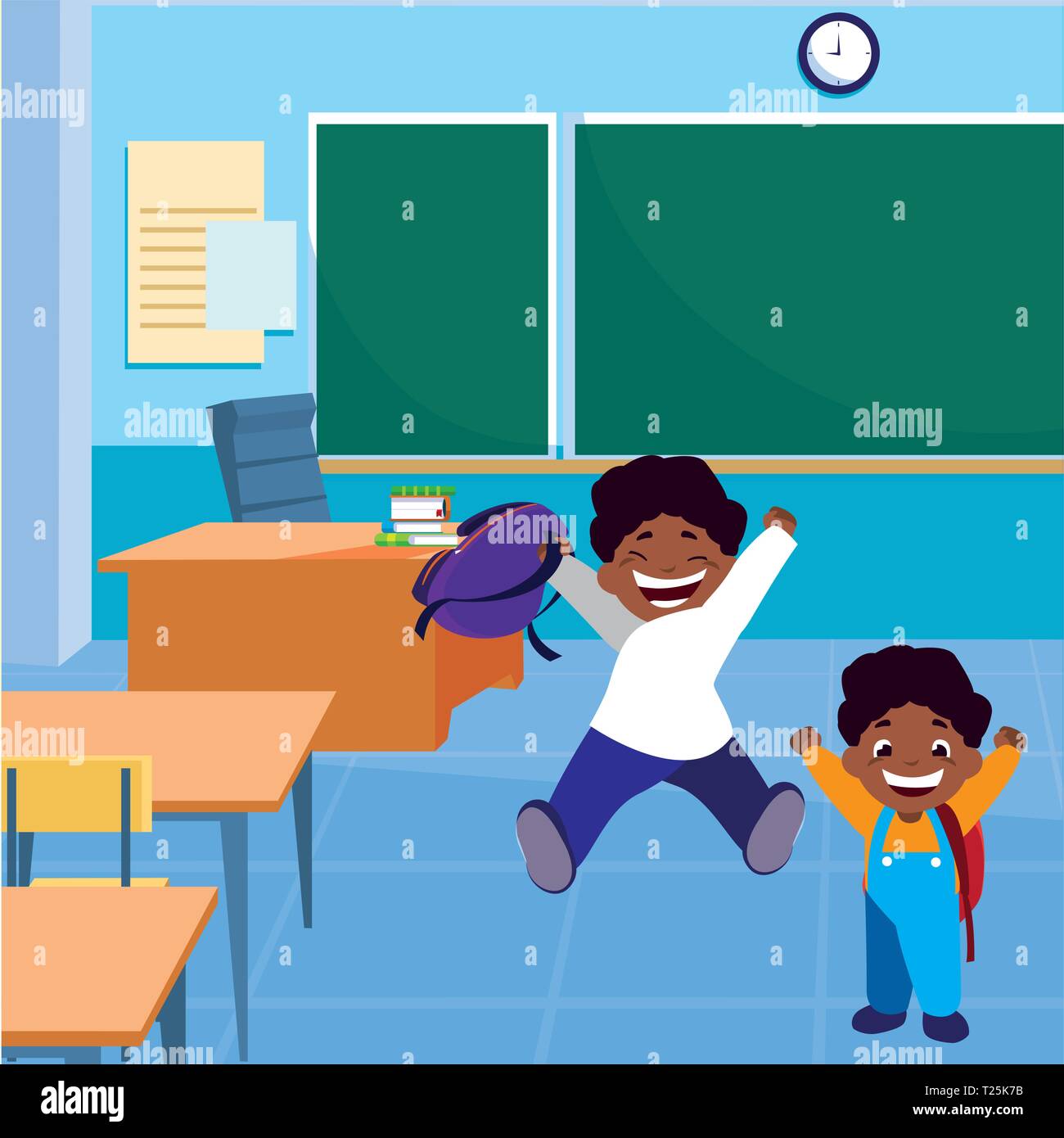 happy little black schoolboys in the classroom vector illustration ...