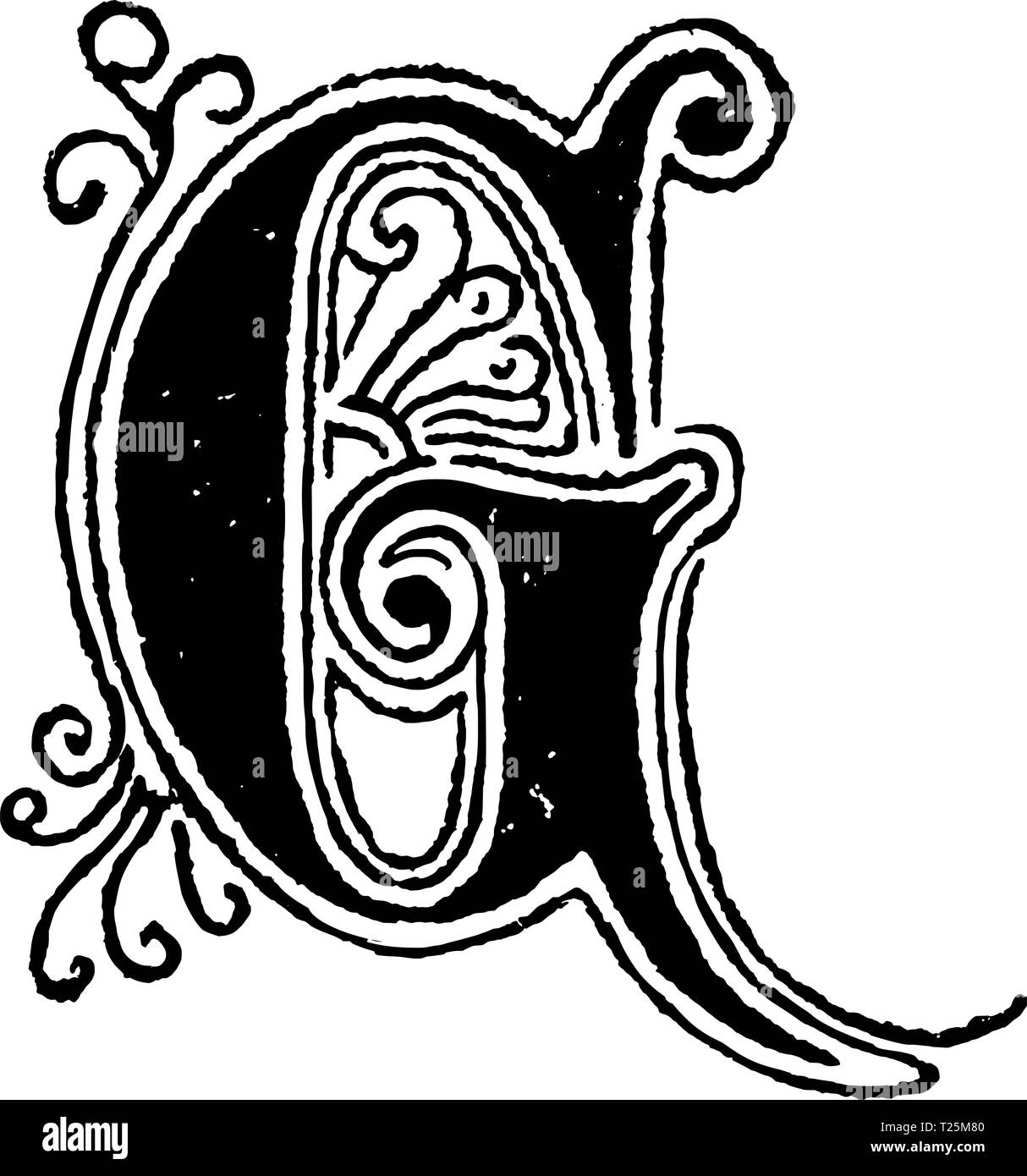 Vintage antique line drawing or engraving of decorative capital letter G with ornament or embellishment around and inside. From Biblische Geschichte des alten und neuen Testaments, Germany 1859. Stock Vector