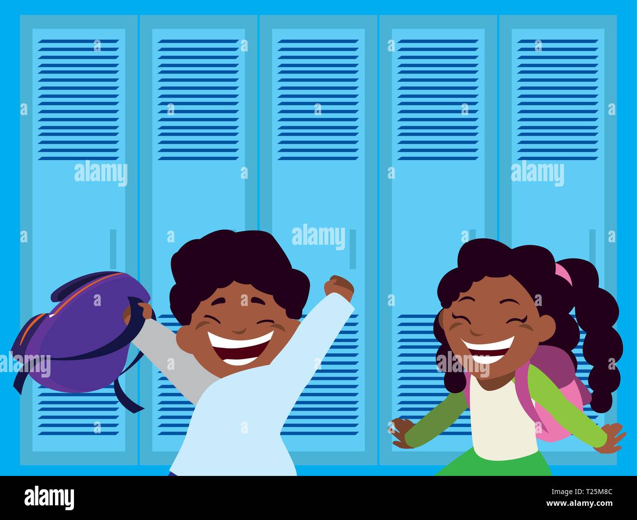 happy little black school kids in corridor vector illustration design