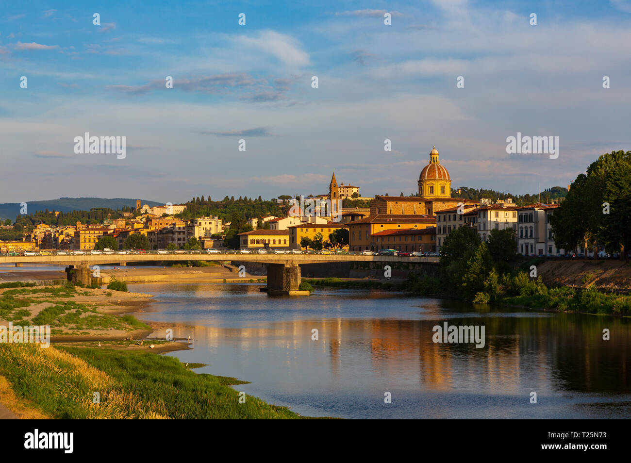 The Arno River in the Tuscany region of Italy, flowing through the heart of Florence, Italy. Stock Photo