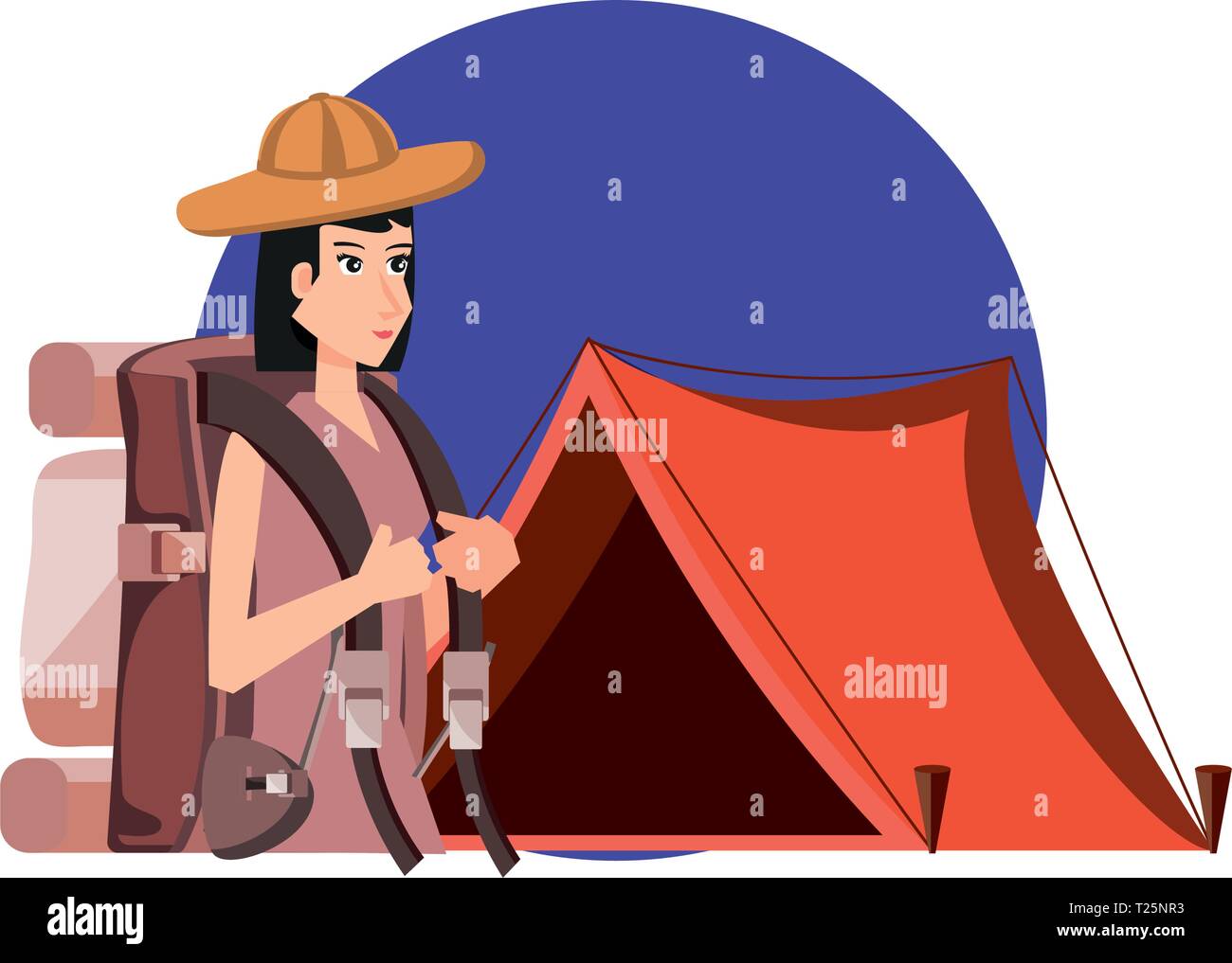 traveler woman with travel bag and tent camping vector illustration ...