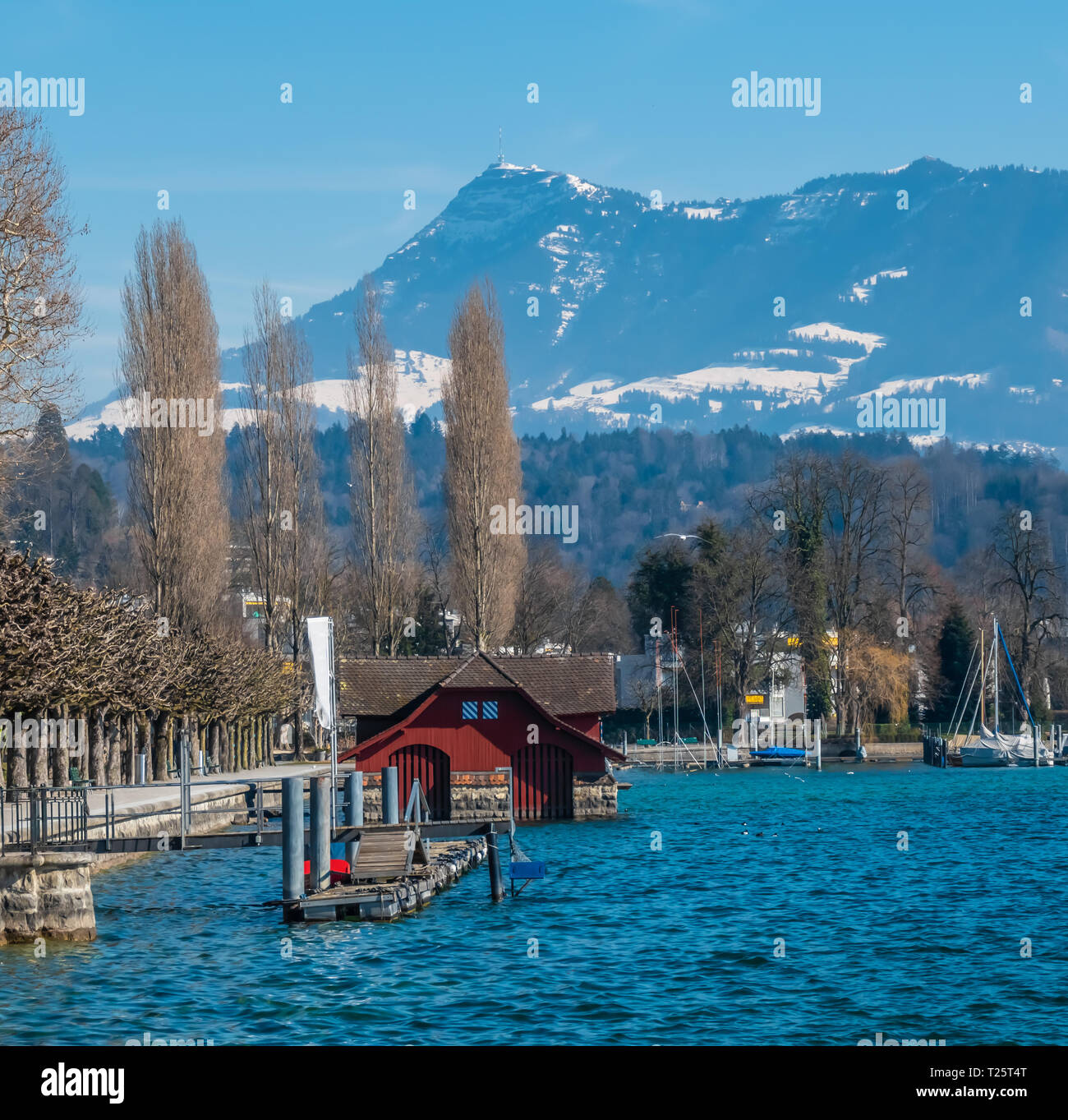 Scenic landscapes along the shores of Lake Lucerne (Vierwaldstattersee), with mount Rigi in the background, Lucerne (Luzern), the largest city in Cent Stock Photo