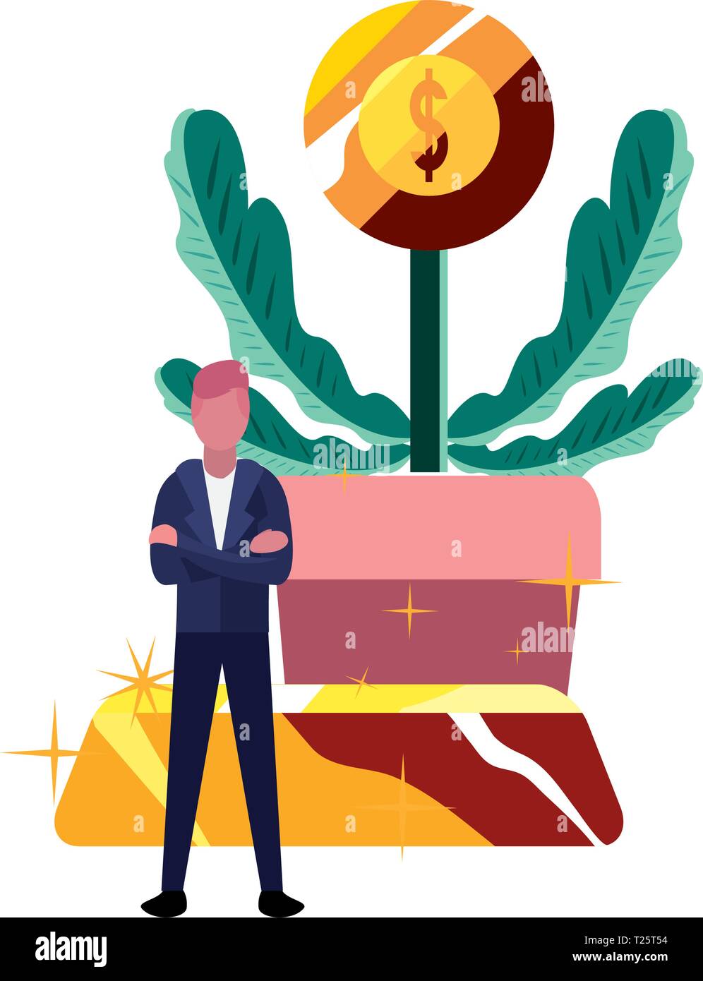 businessman money plant coin gold bar vector illustration Stock Vector ...