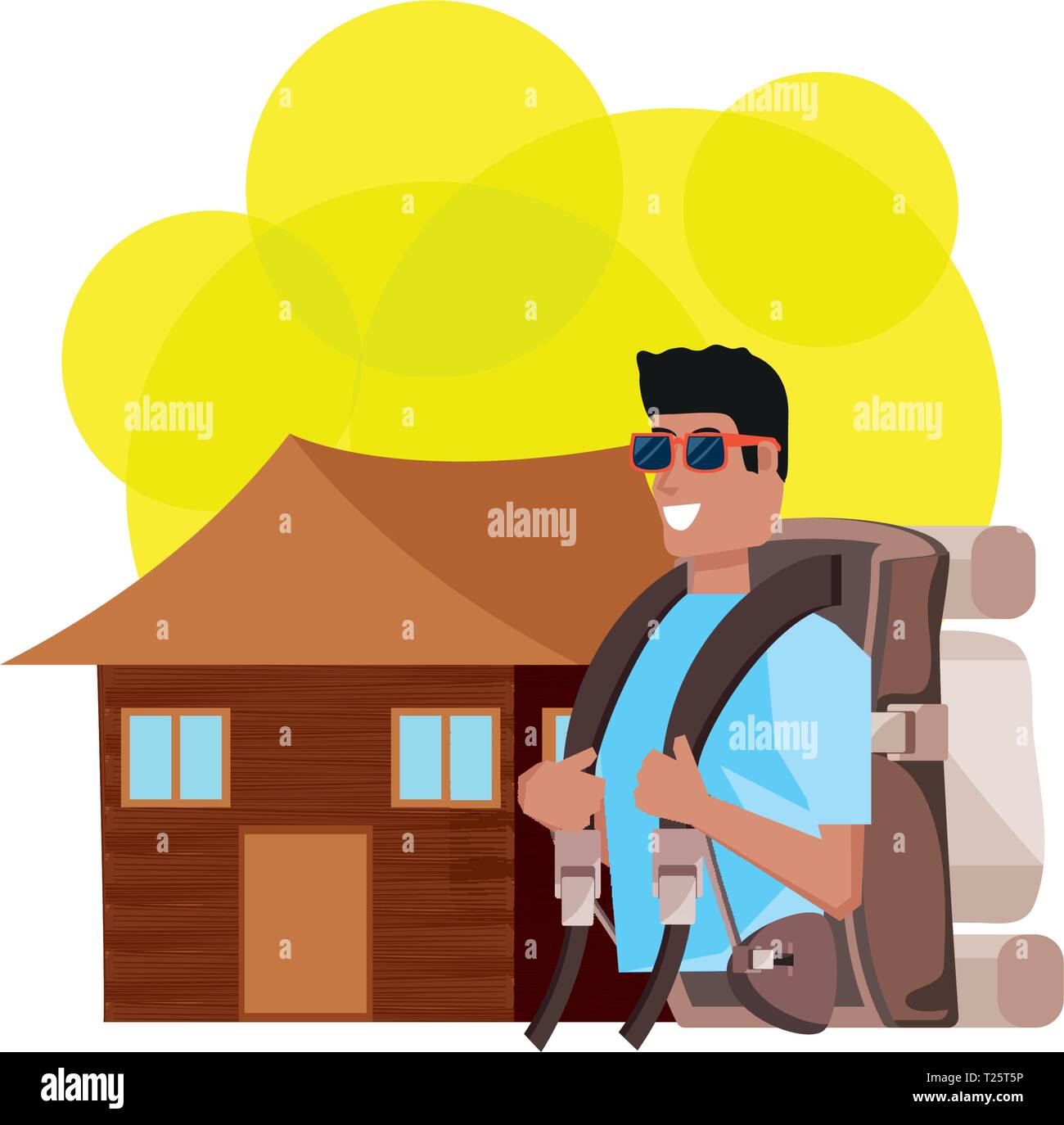 traveler man with travel bag and log cabin vector illustration design ...