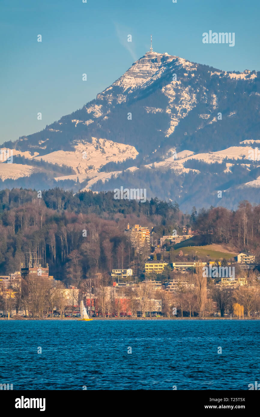 Scenic landscapes along the shores of Lake Lucerne (Vierwaldstattersee), with mount Rigi in the background, Lucerne (Luzern), the largest city in Cent Stock Photo